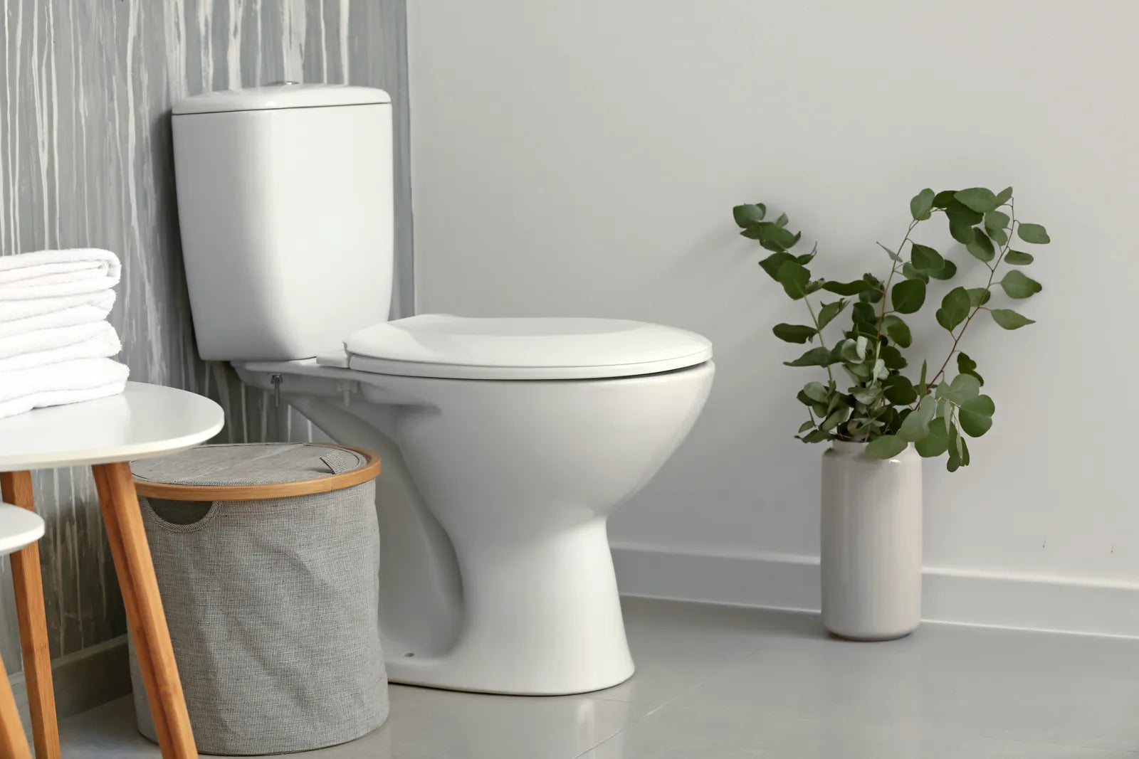 A clean white two-piece toilet in a minimalist, neutral-toned bathroom with decor.
