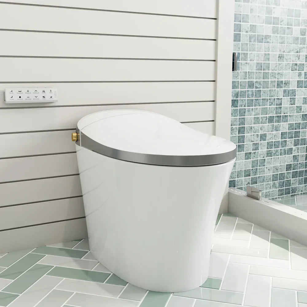 White one-piece smart toilet with power backup, sleek design, metallic trim, and wall-mounted control panel in a modern bathroom.