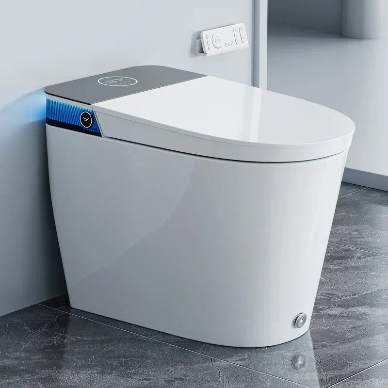 Sleek smart toilet in a modern bathroom with touch controls and hands-free flushing.