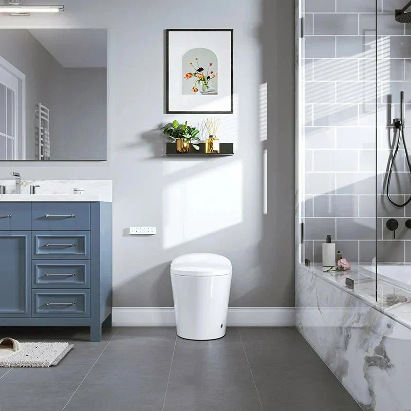 Modern smart toilet in a calm gray bathroom, designed for everyday comfort and effortless hygiene.
