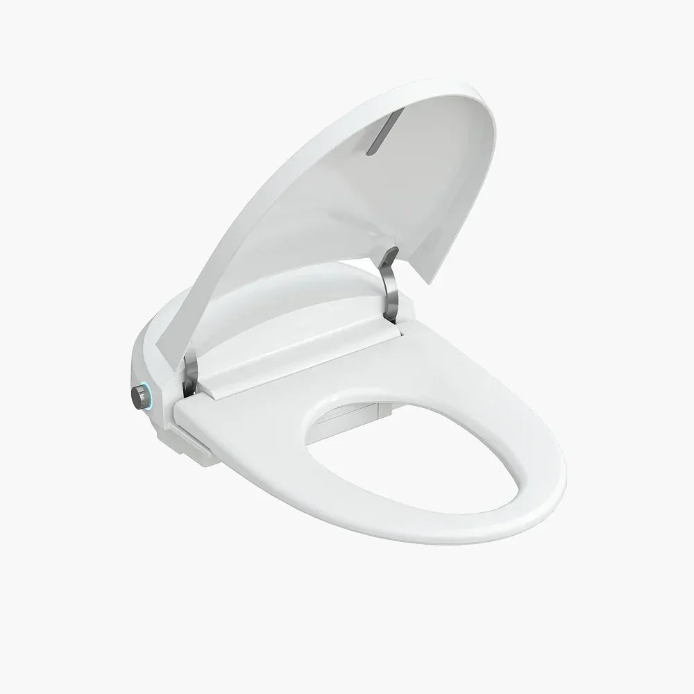 White quiet close smart toilet seat cover with soft-close hinge, displayed to showcase its modern design and bathroom upgrade features.