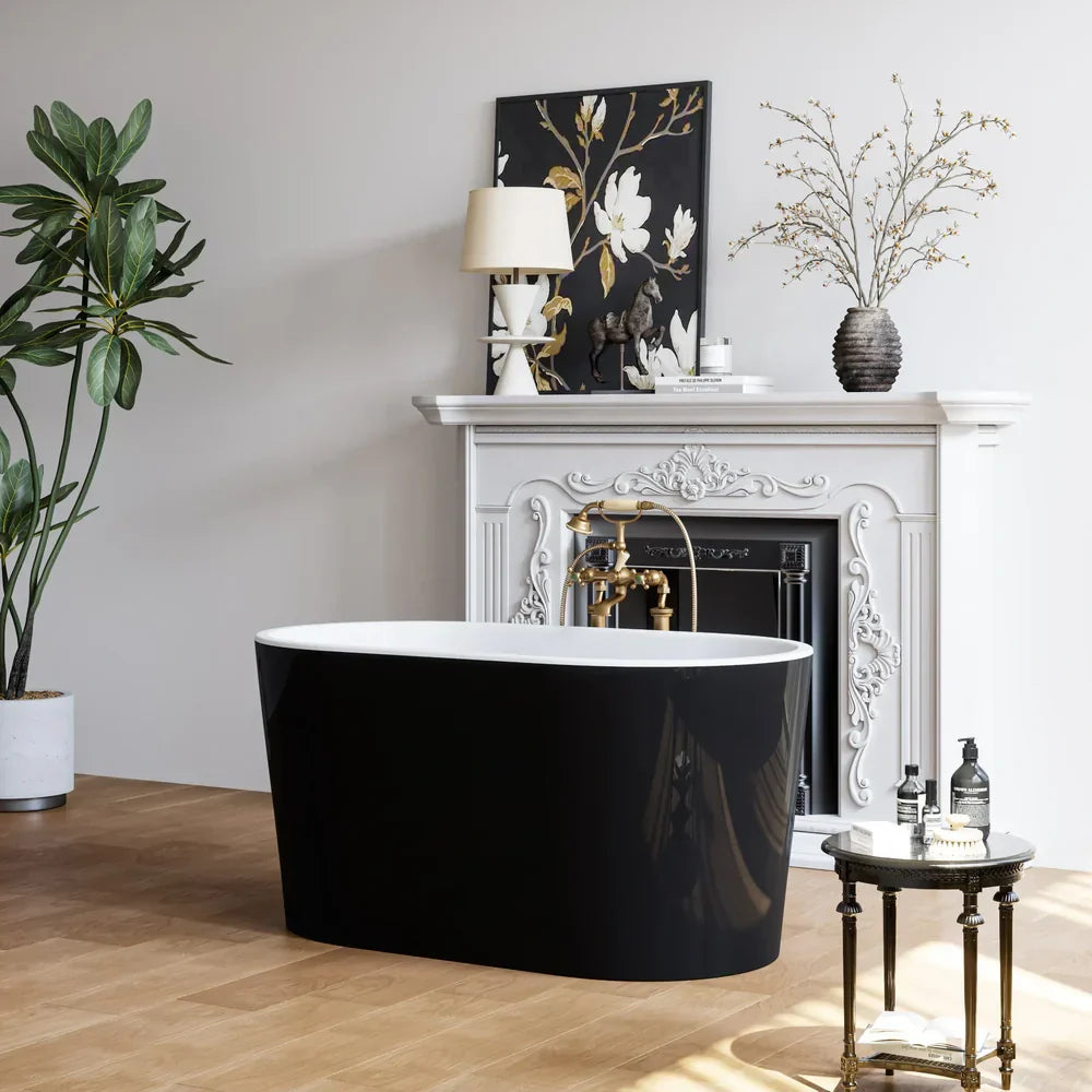 Black and white freestanding soaking tub in a stylish bathroom, paired with ornate decor for a luxurious, spa-like bathing experience.