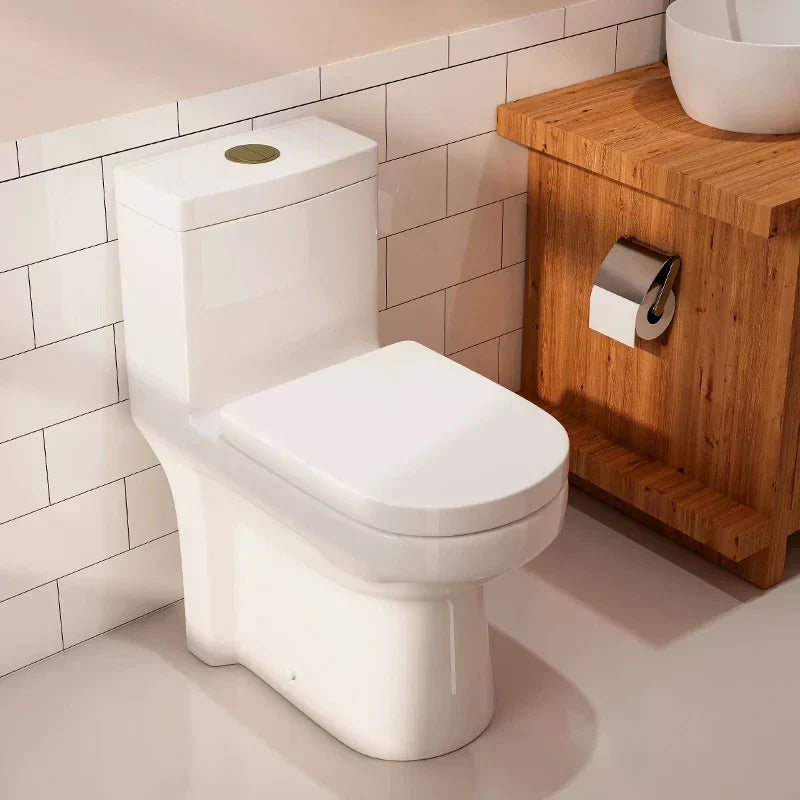 White ceramic one-piece toilet with a gold flush button, installed in a modern bathroom for efficient, space-saving daily hygiene use.