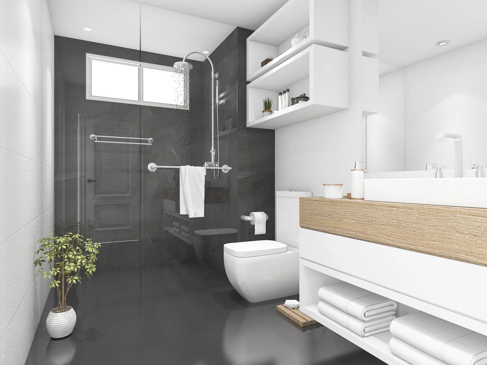 Modern bathroom featuring a sleek toilet, ideal for upgrades like heated toilet seats.