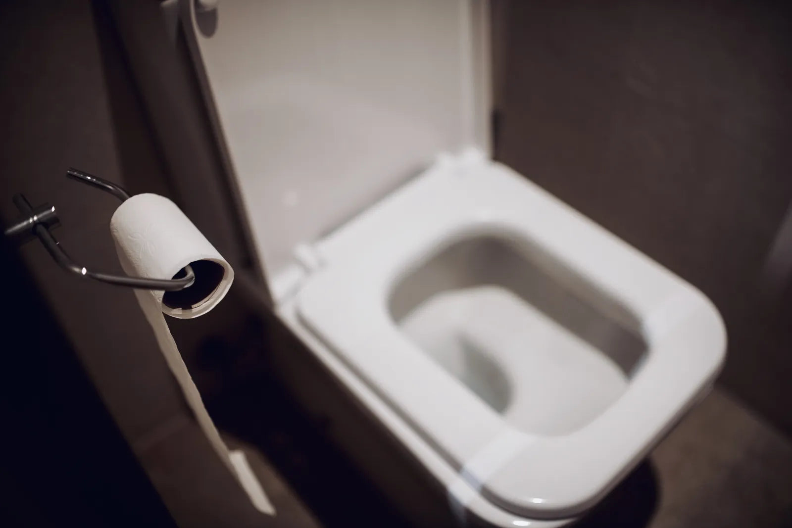 A toilet and toilet paper sit in dim light, showing the need for a night light to guide safe movement.