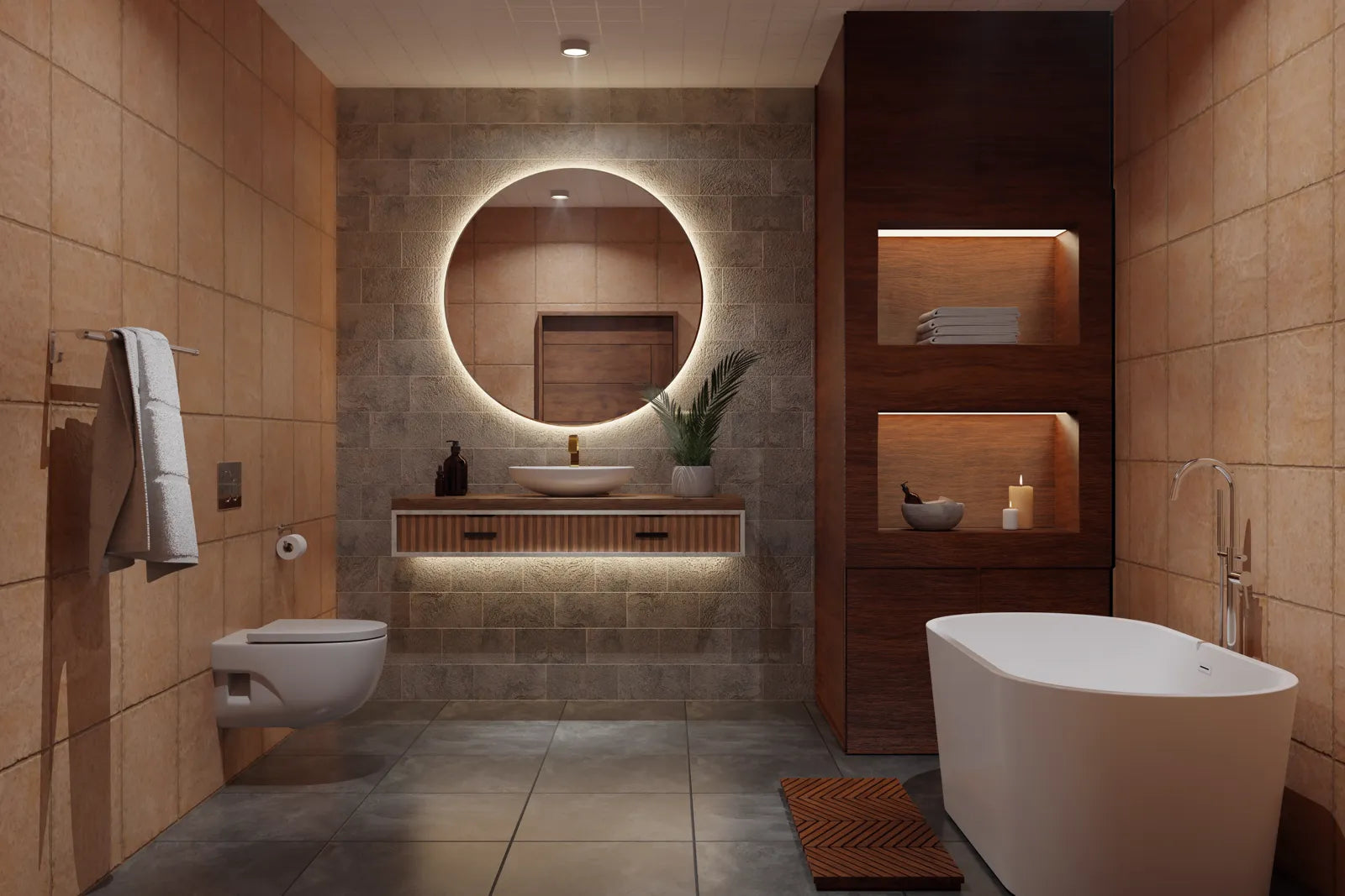 Modern master bathroom with freestanding tub, ideal layout for choosing best bathtub size for master bath.