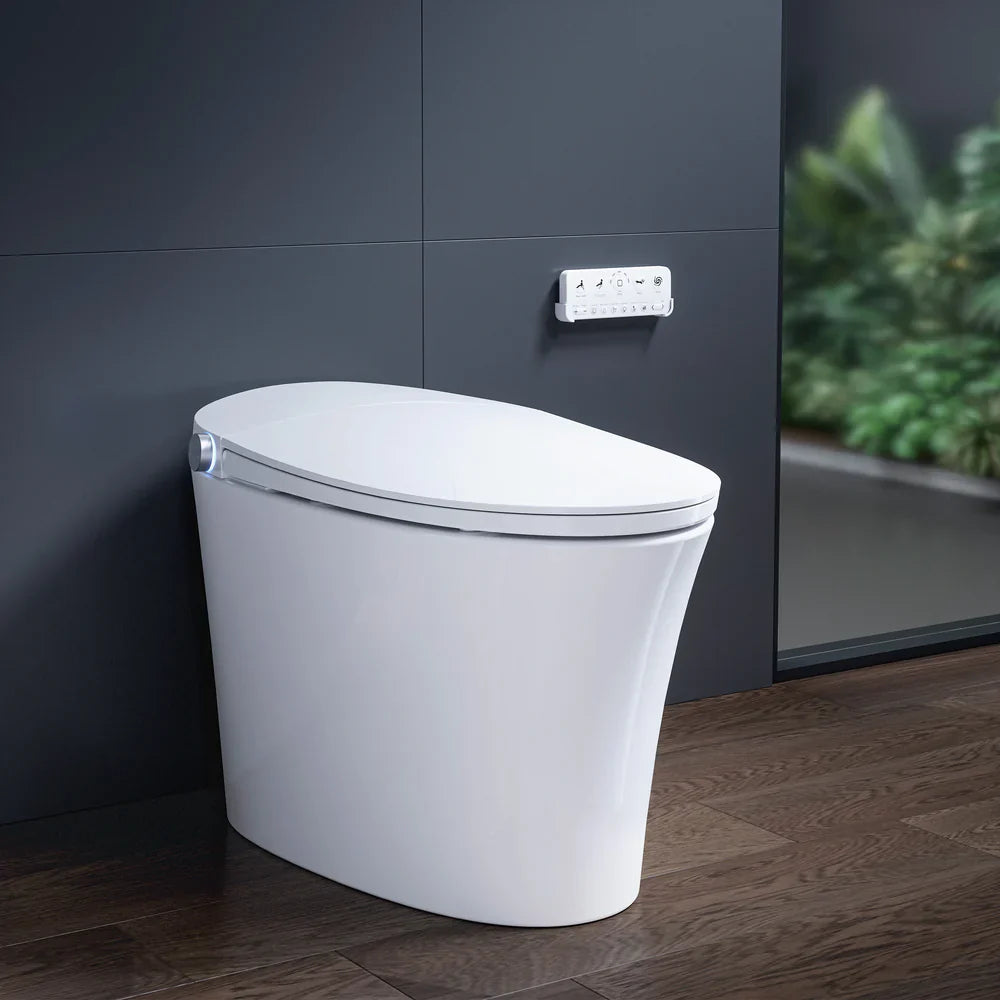A sleek smart toilet features a quiet flush system and wall-mounted control panel.