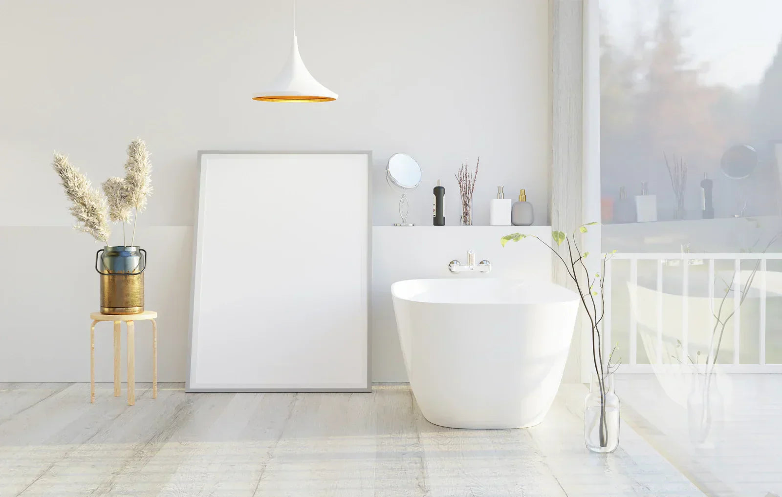 Stylish white freestanding bathtub in a minimalist bathroom interior showcasing the clean lines of modern bathing fixtures