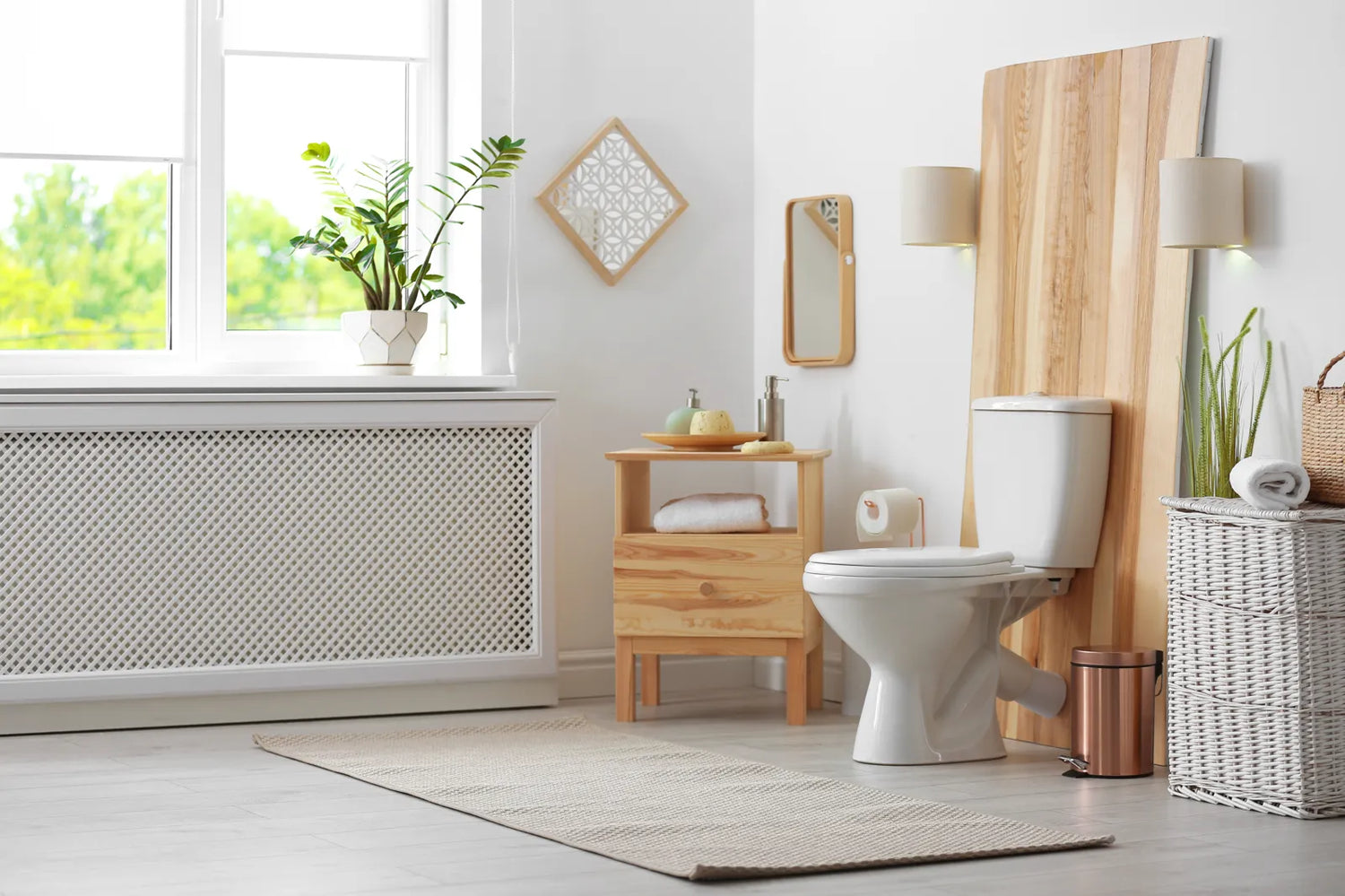 A bright California bathroom displays a modern, water-efficient smart toilet.
