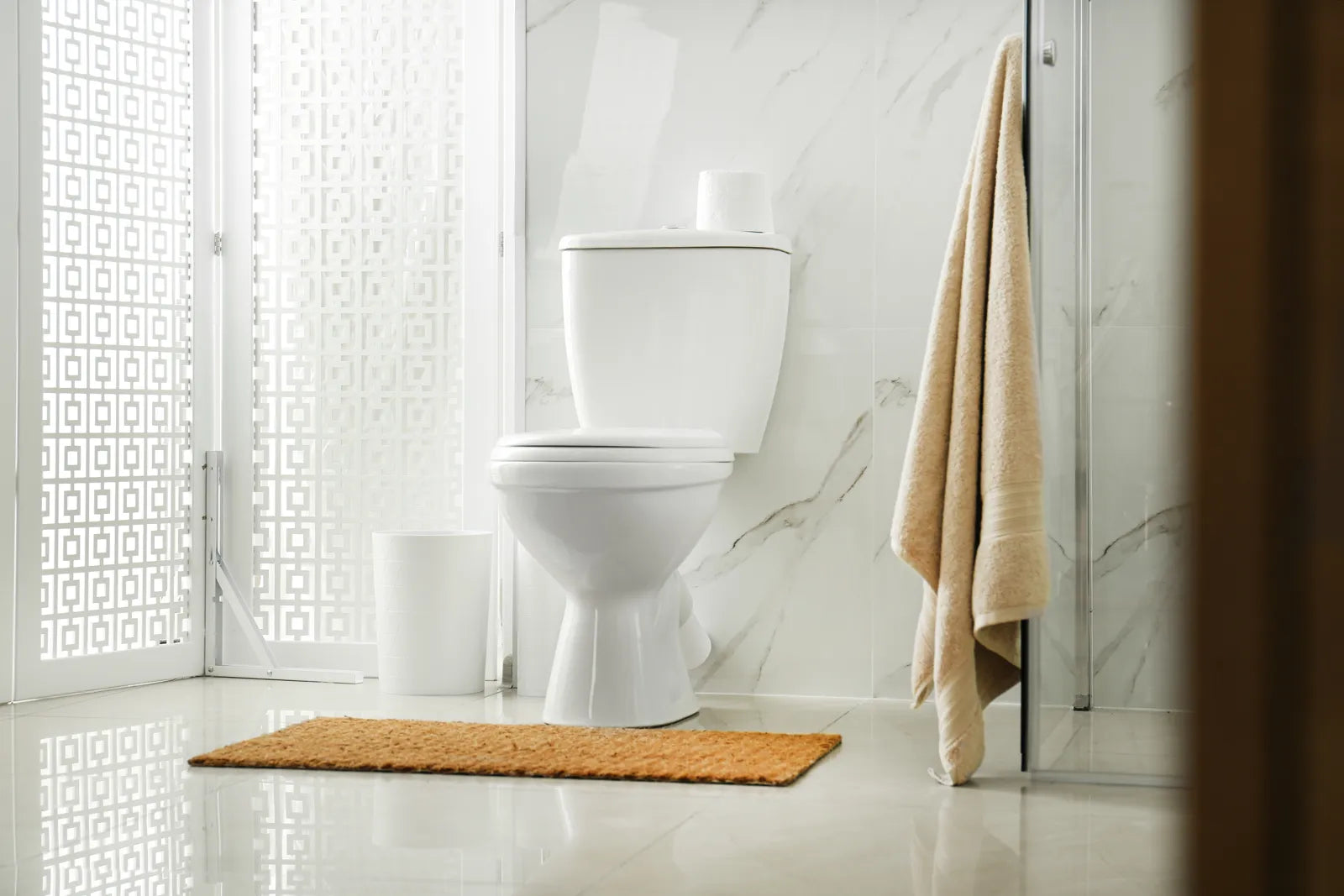 A standard height toilet in a clean bathroom suits men's comfort needs.