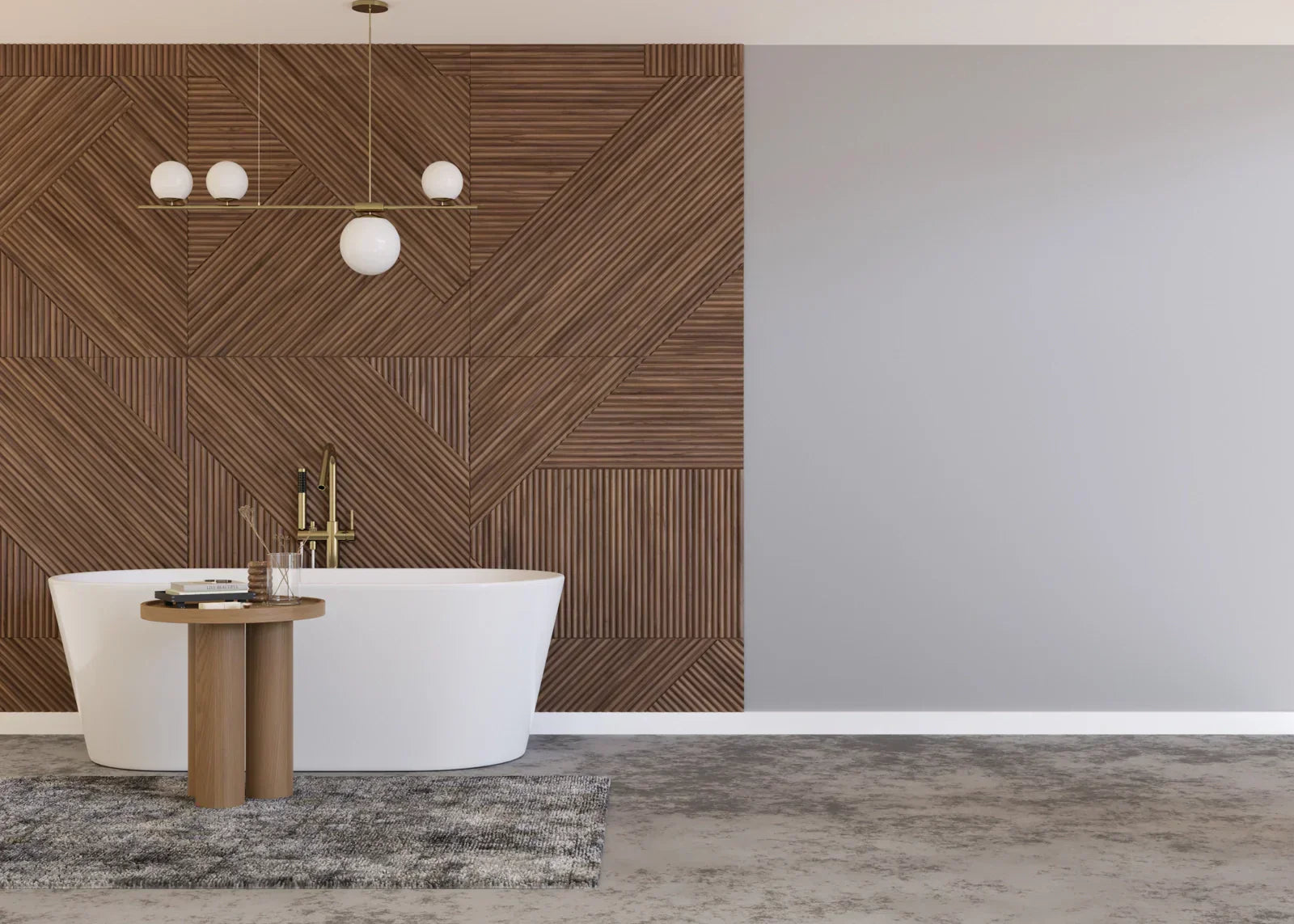 Freestanding white bathtub against a geometric wood accent wall, used as a stylish focal point in a spacious bathroom to enhance aesthetic appeal.