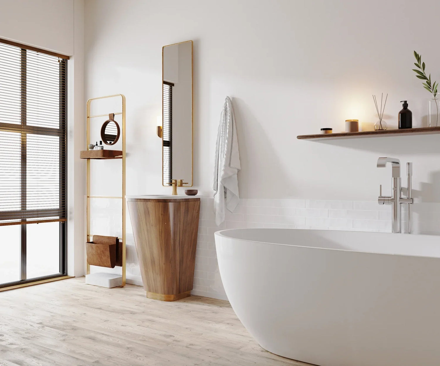 Modern minimalist bathroom with white freestanding bathtub, wooden pedestal sink, and warm natural light