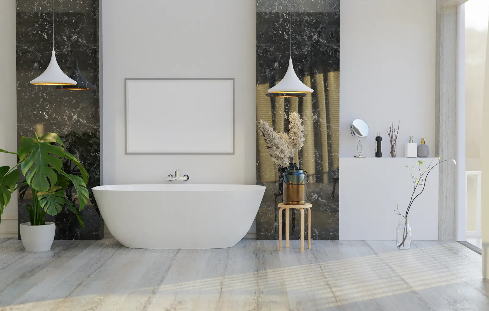 Modern bathroom with a white freestanding tub, ready for leveling and installation.