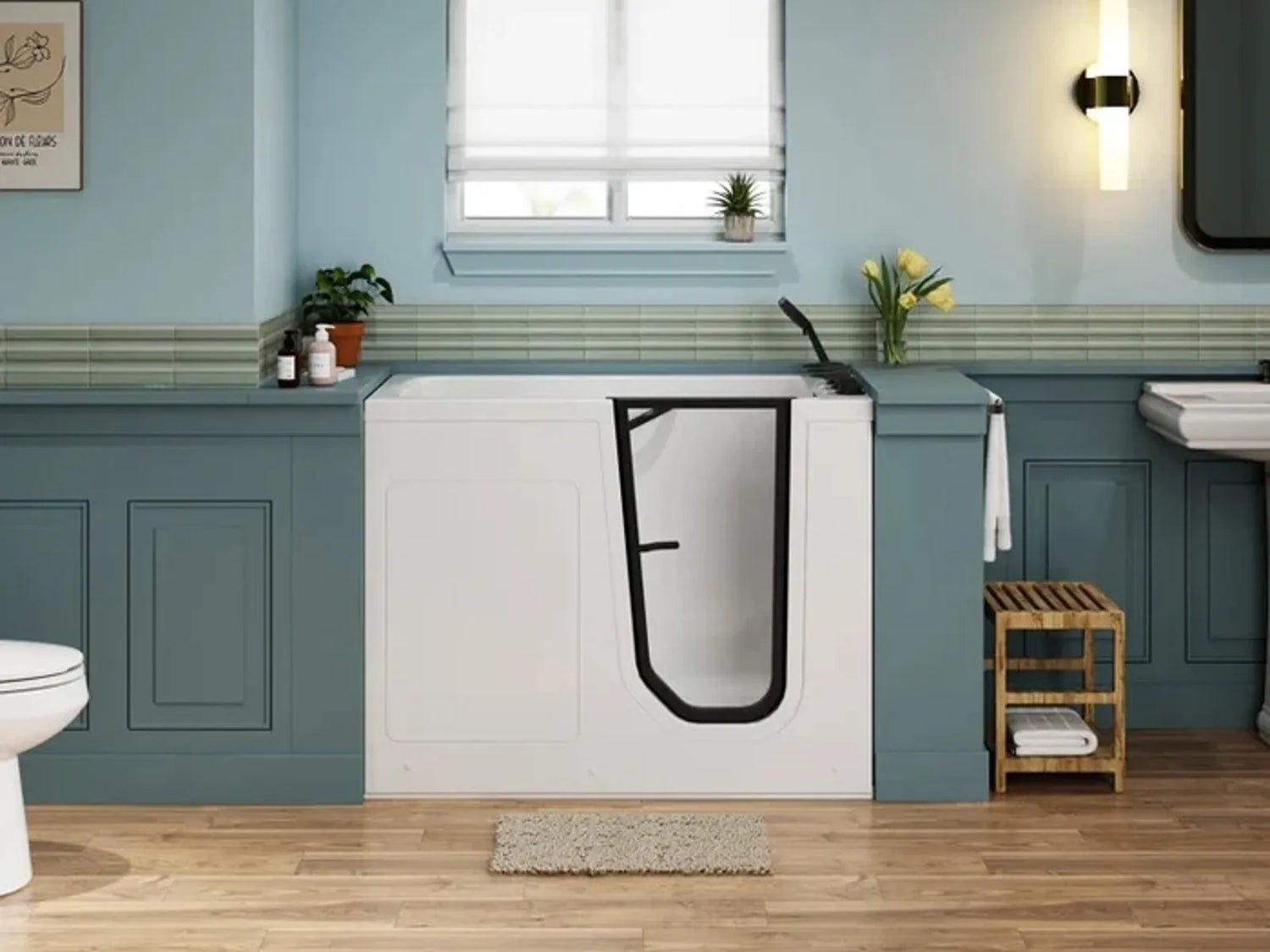 White walk-in bathtub installed in a light blue bathroom with modern fixtures and decor.