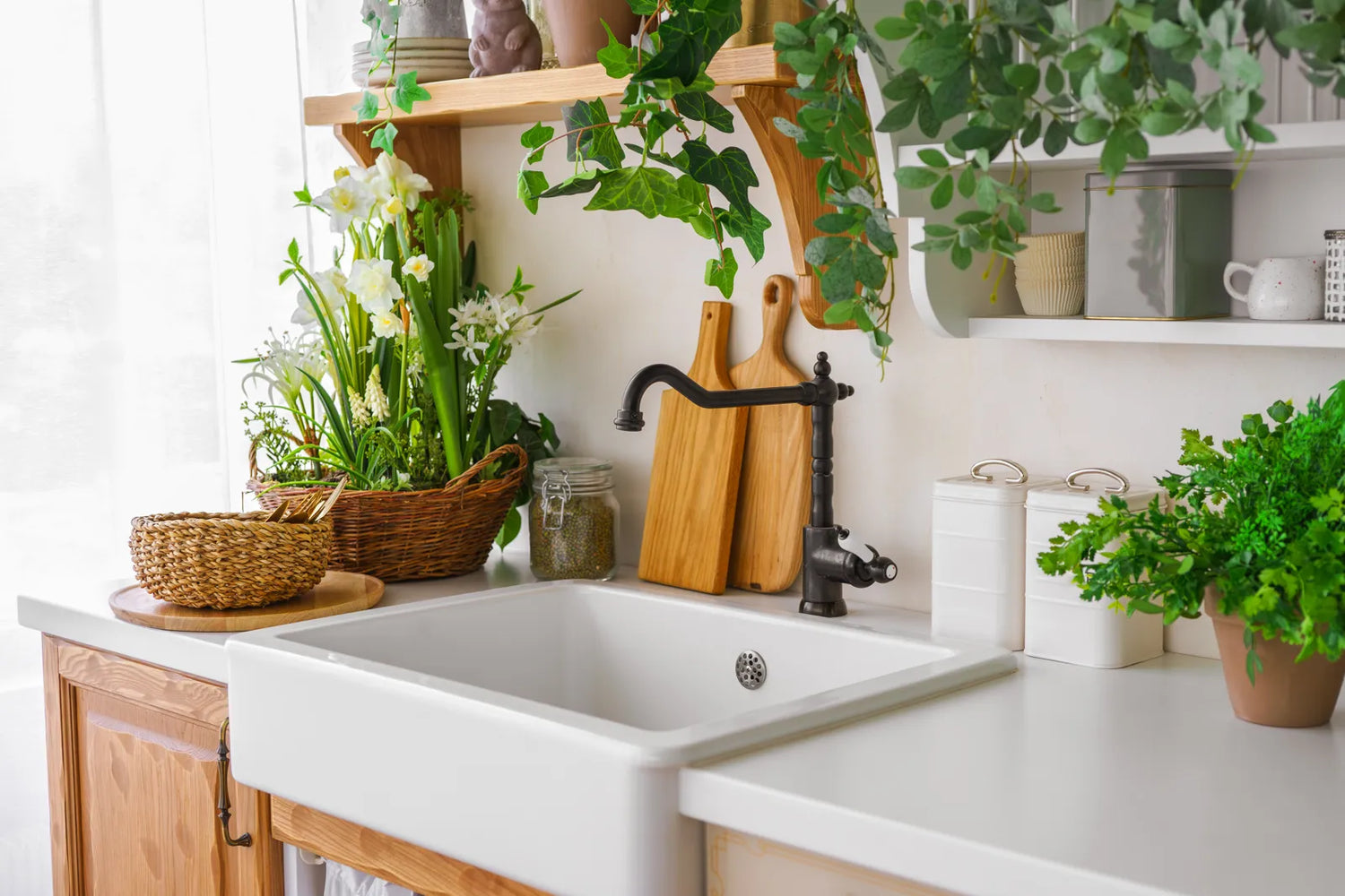A white apron-front farmhouse sink anchors a bright, cozy modern kitchen.