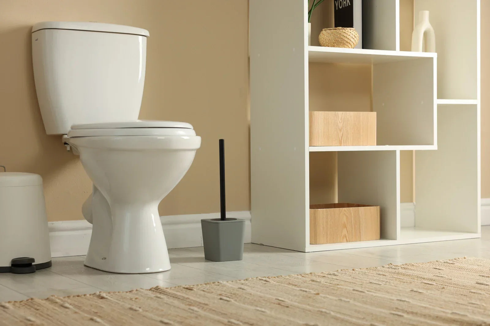 White ceramic toilet in a modern bathroom with beige walls and open shelving, showcasing a clean, functional smart toilet setup.
