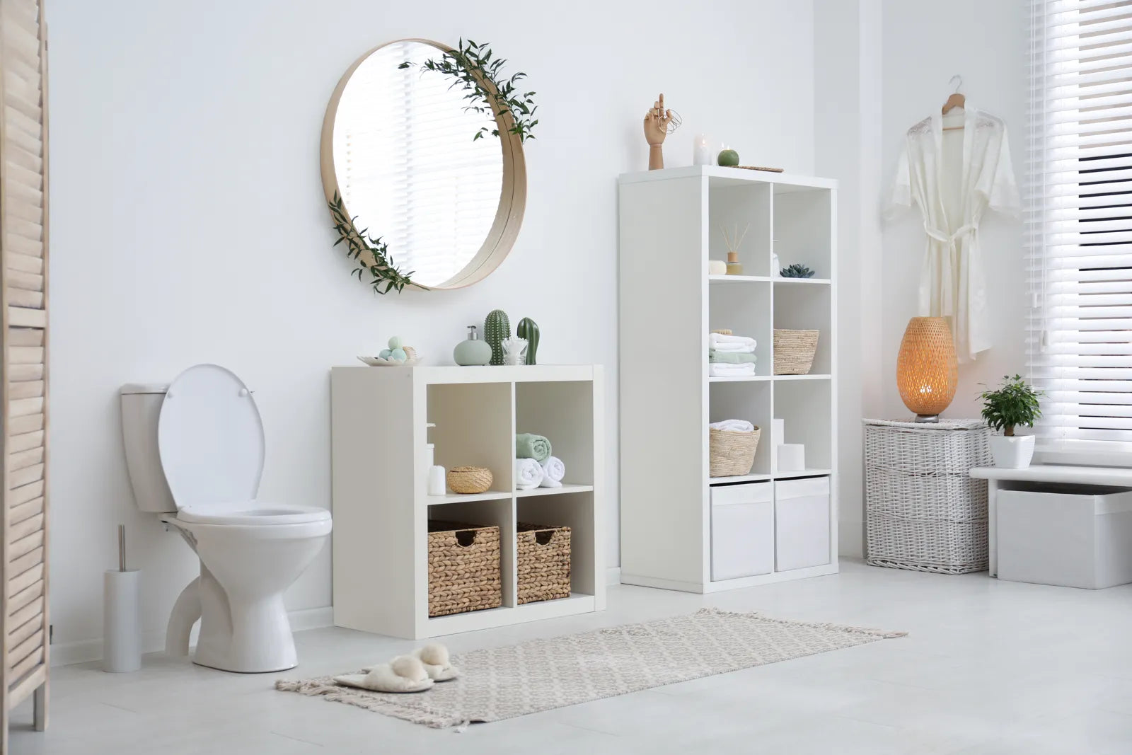 A floor-mounted smart toilet sits in a bright, organized modern bathroom.