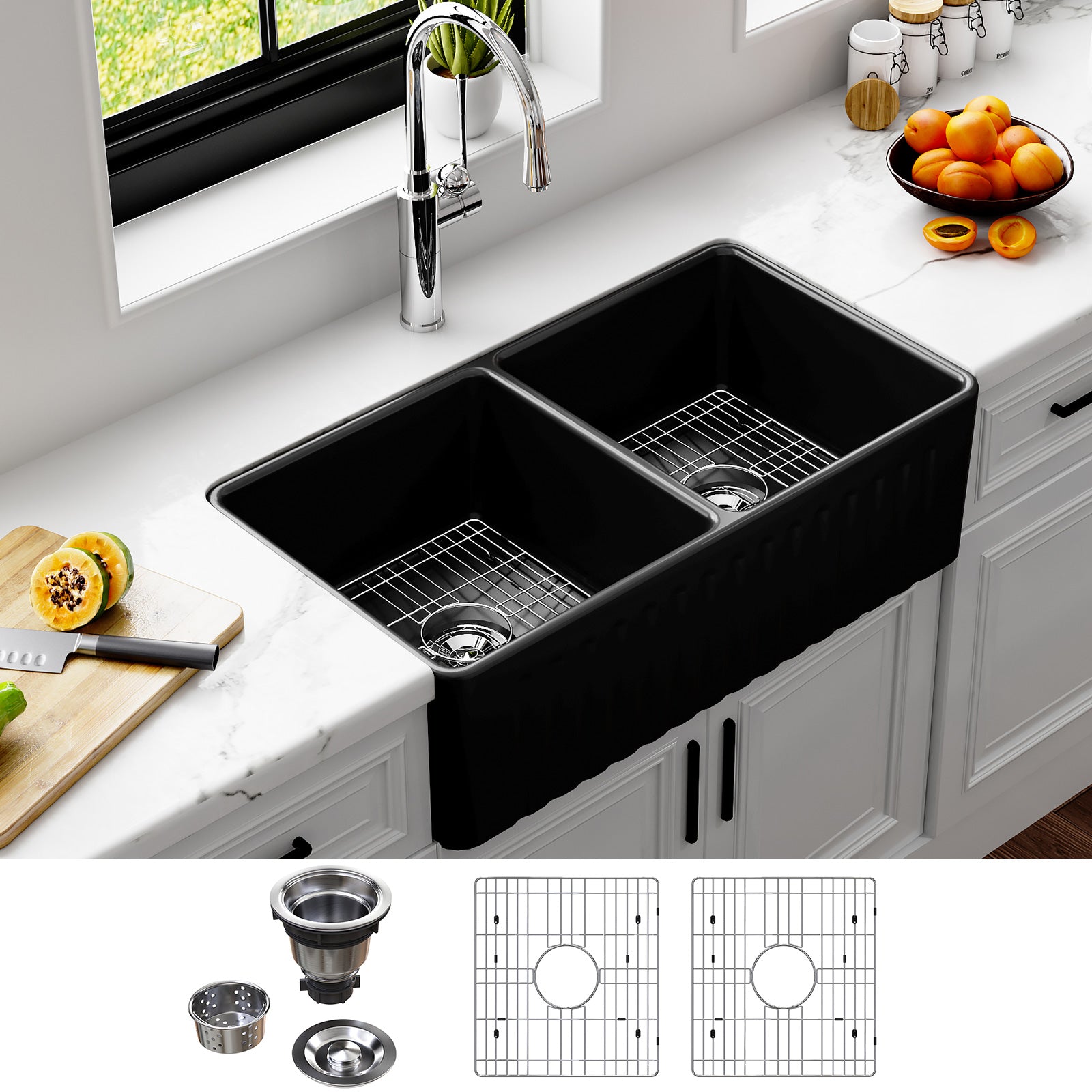 HOROW 33 Inch Farm Kitchen Sink Double Basin Fireclay Model HR-DS3318B
