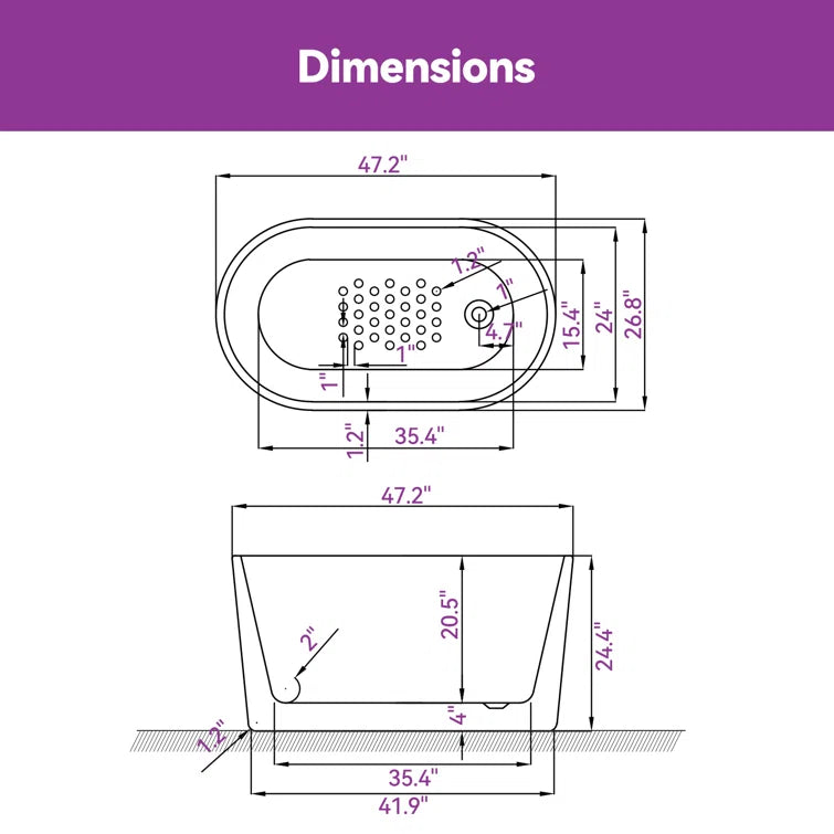HOROW Freestanding Acrylic Bathtub 47 inch Soaking Tub Model TU47-MB-NS