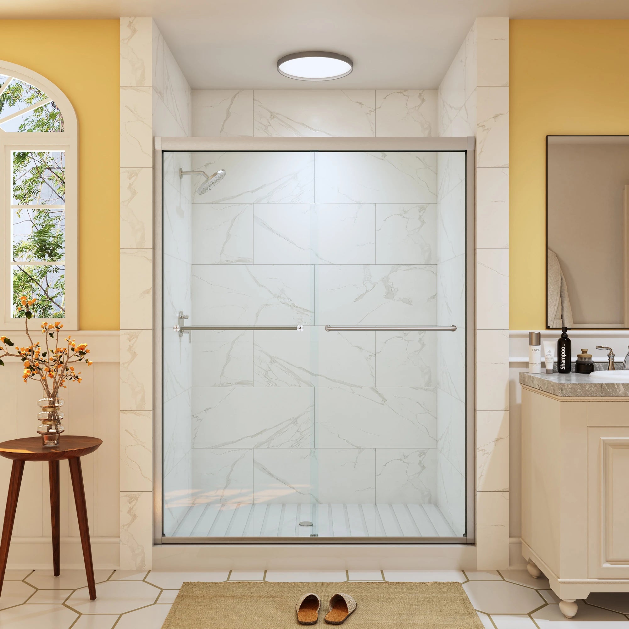 HOROW Bathroom Sliding Glass Door 60 Inch Brushed Nickel Frameless Shower Door Model BE6076-BN