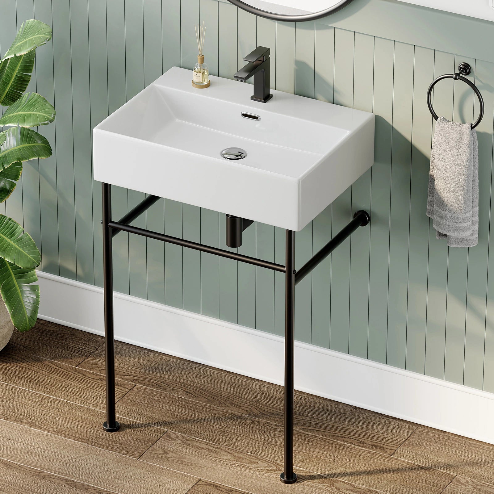 Console Bathroom Sink with Black Legs and Drain Fit Model CS6042-MB