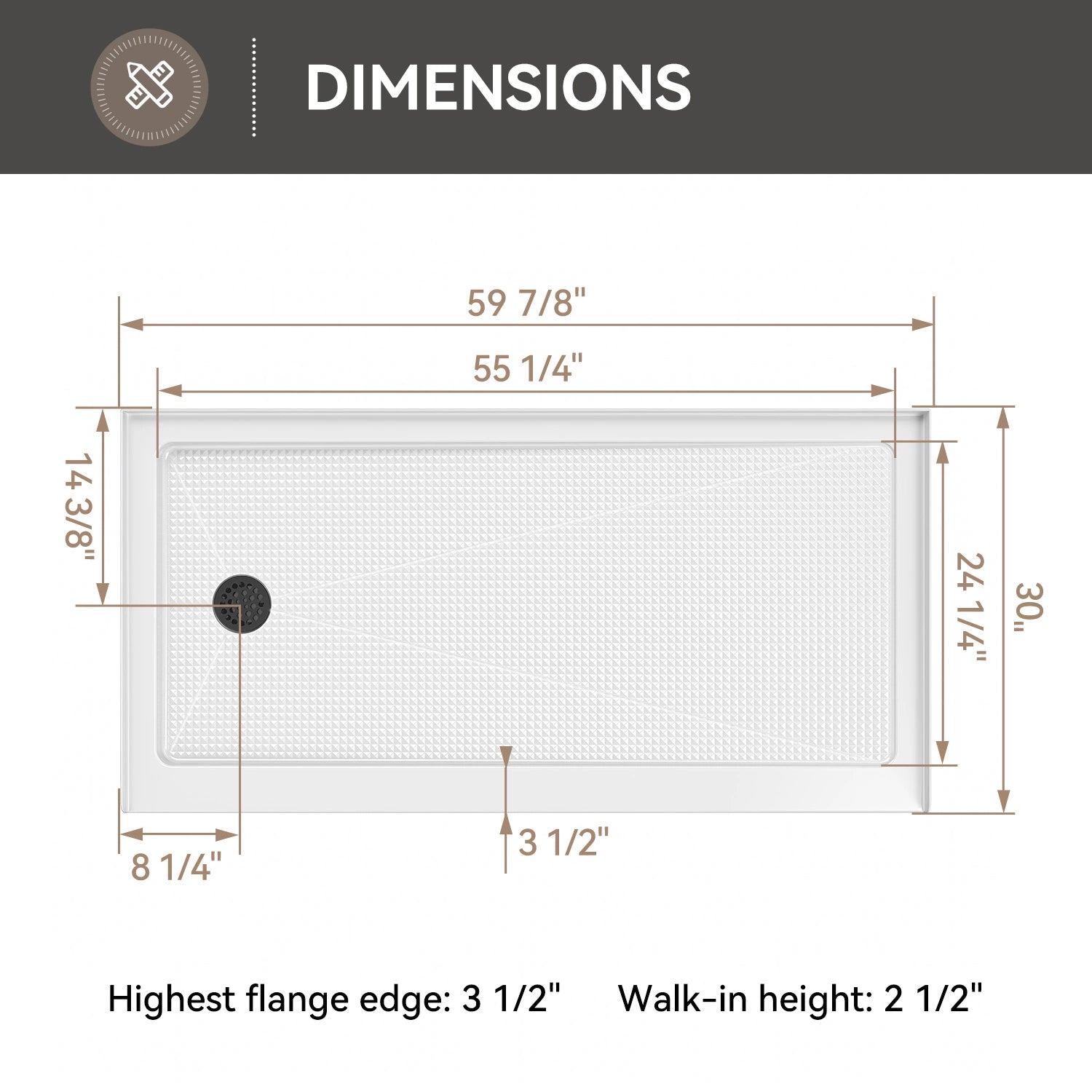 HOROW 60 Inch Acrylic Shower Base with Left Drain BS6030-MB-L