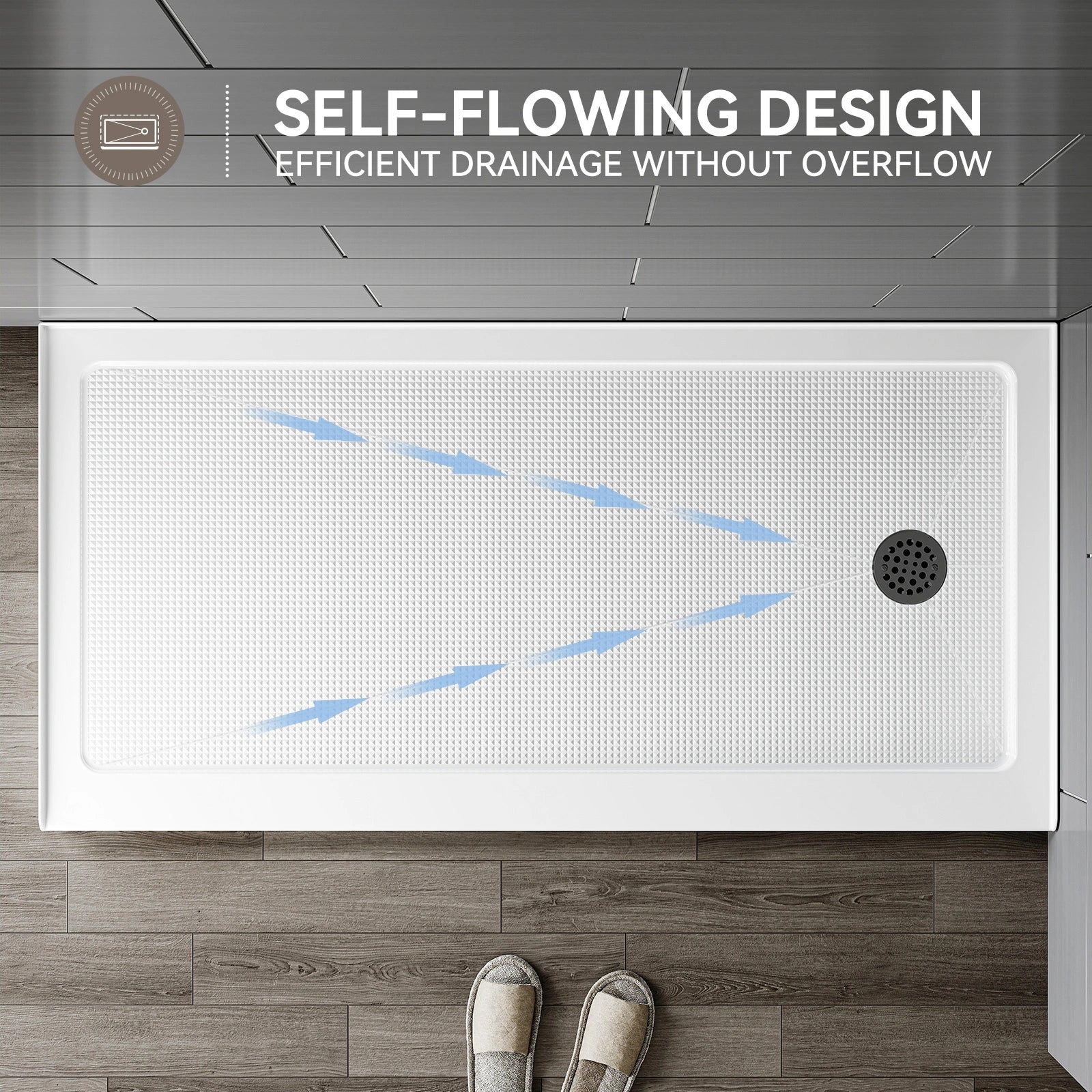HOROW BS6030-MB-R Shower Base – 60" x 30" Right Drain Non-Slip