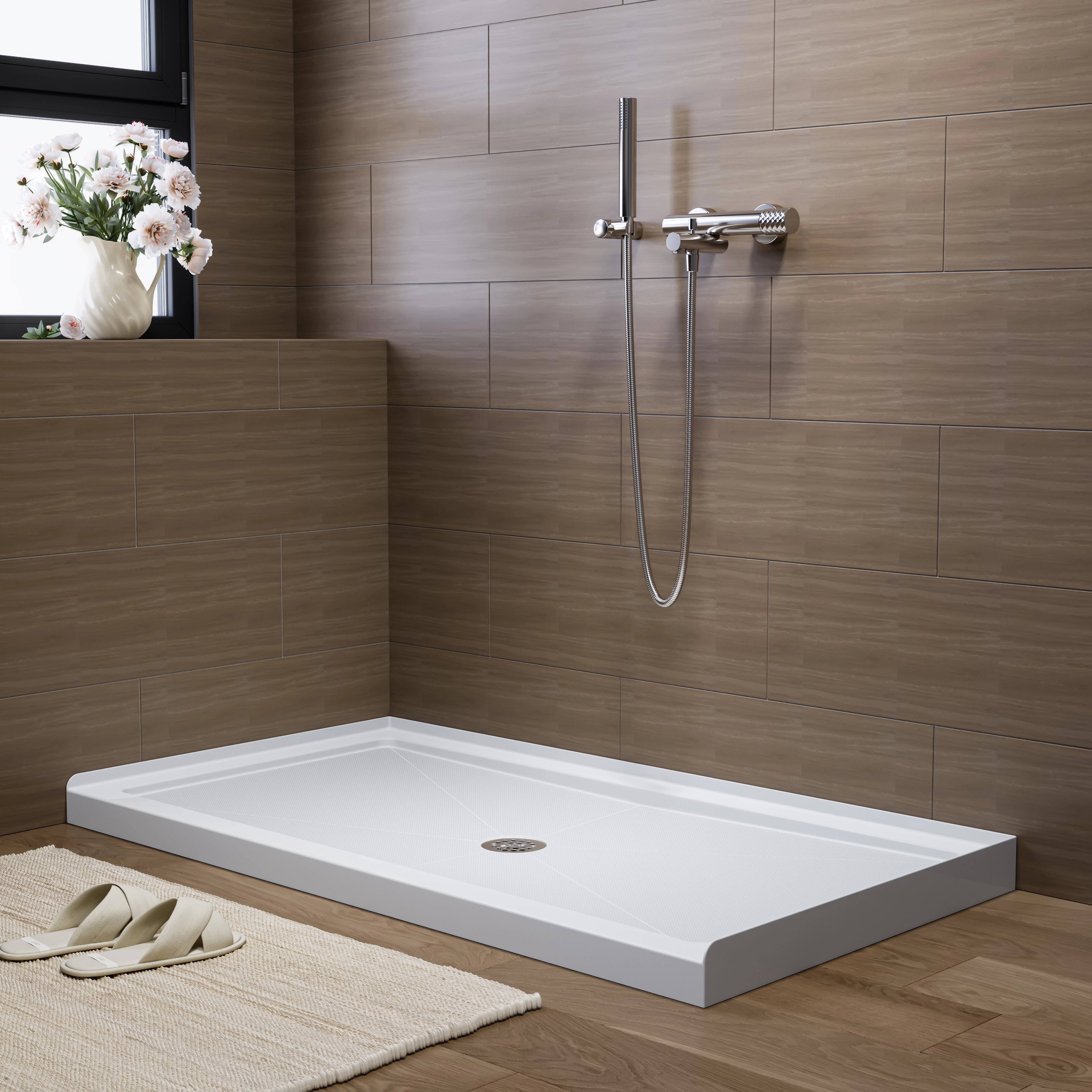 HOROW 60 Inch Acrylic Shower Pan with Chrome Center Drainage Model BS6032-CH
