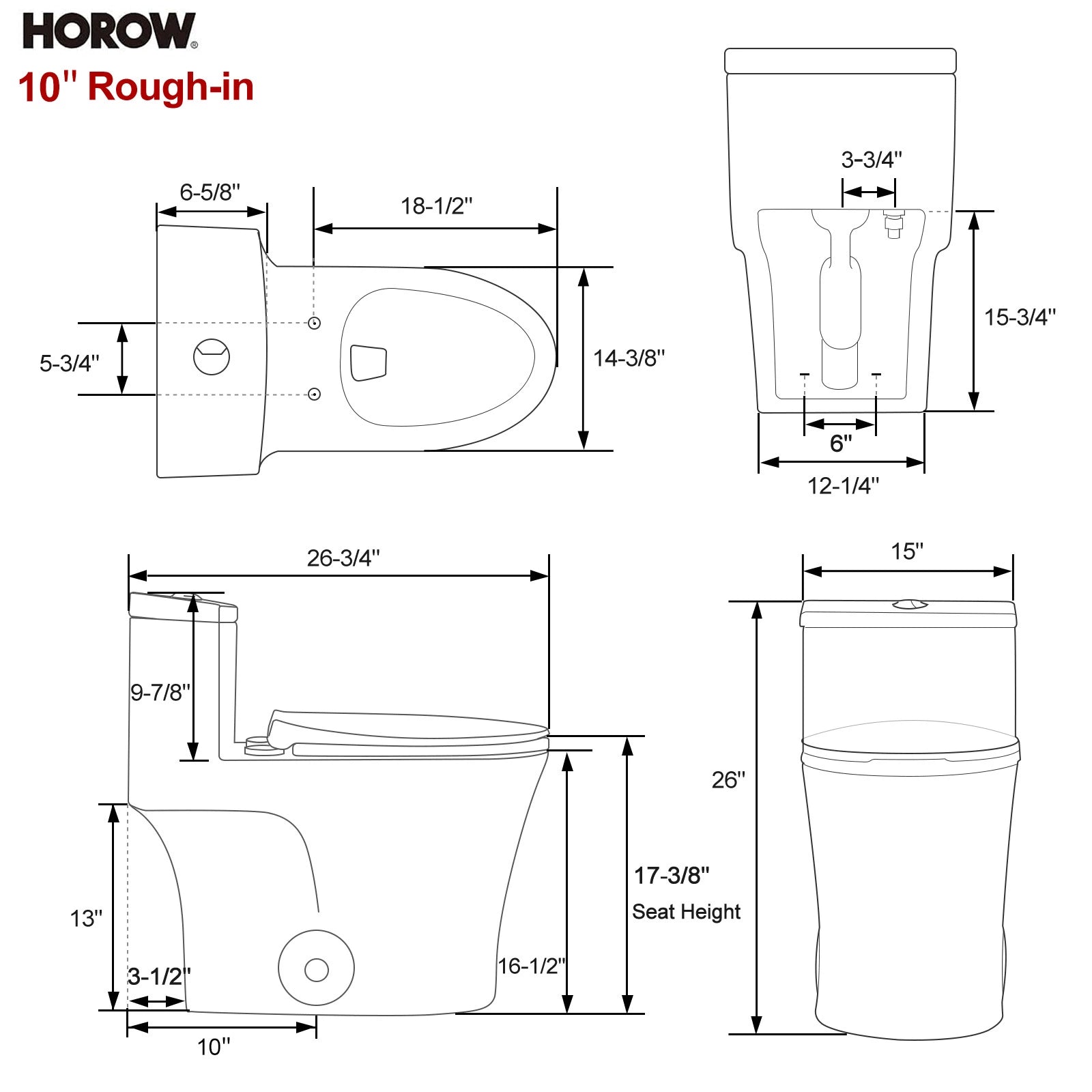HOROW 10 Inch Rough Toilet Bowl Elongated One Piece Toilet Model T0338W-10