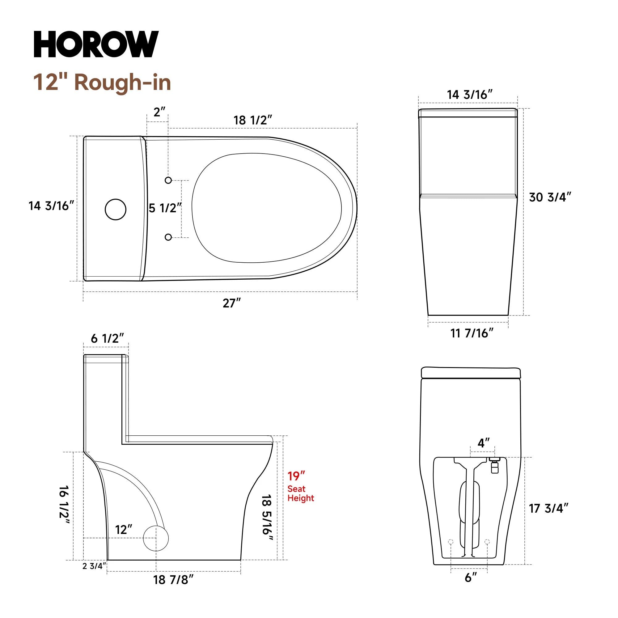 HOROW HR-T0357W One-Piece Toilet – 19" ADA Chair Height Dual Flush