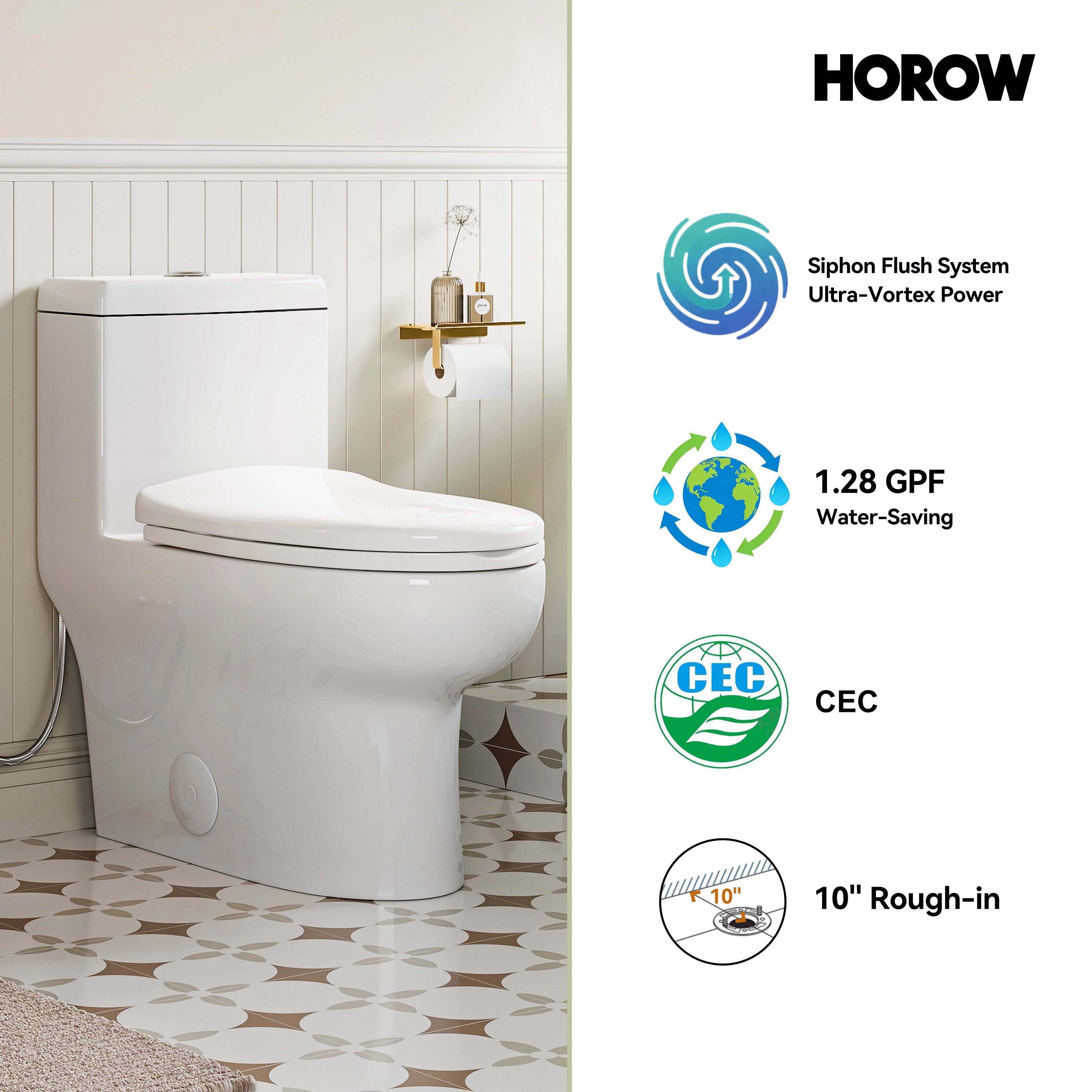 HOROW 76D-10 One-Piece Toilet – 10 Inch Rough-In with Dual Flush