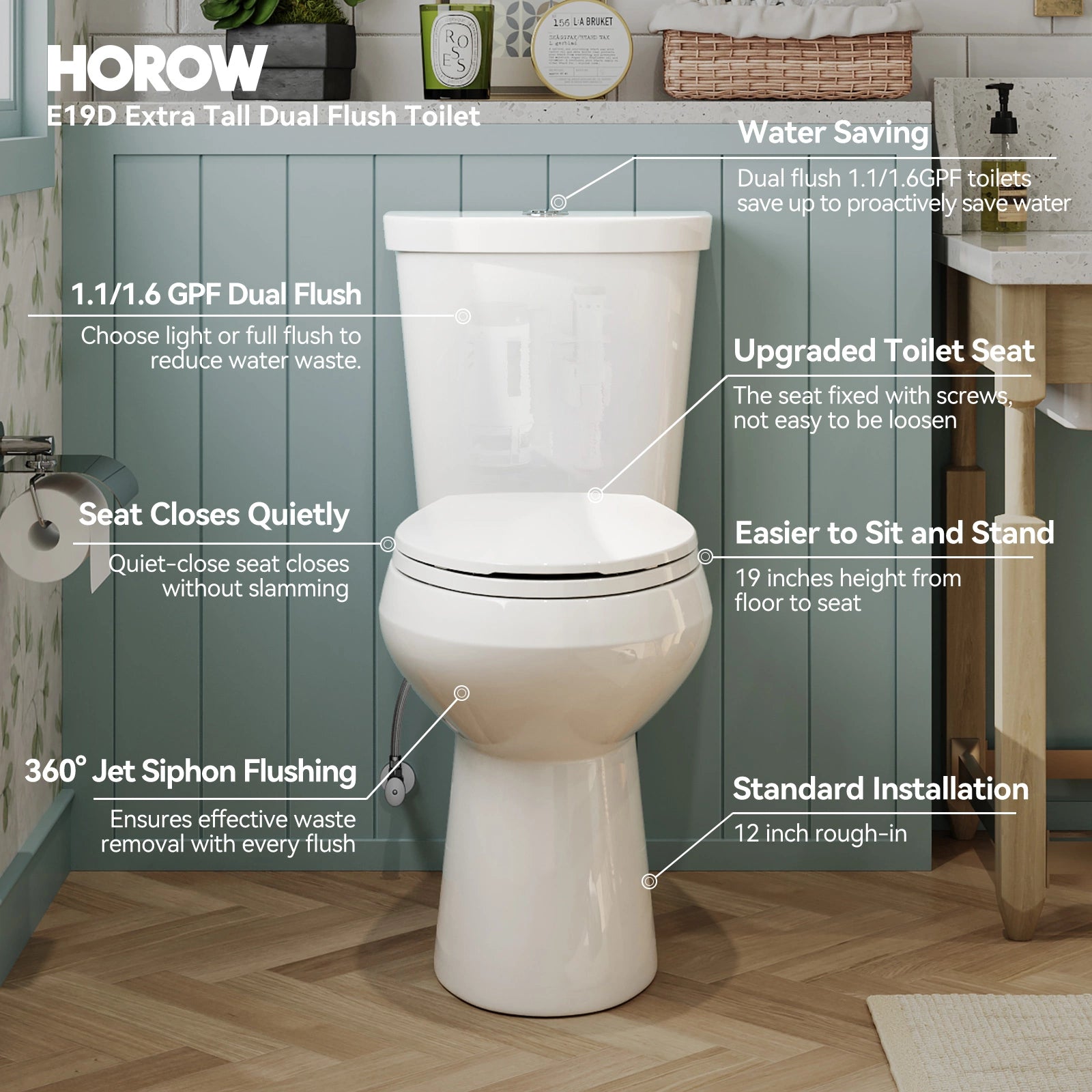 Elongated 2 Piece Toilet with Dual Flush Button and ADA Compliant Model HWTT - E02D