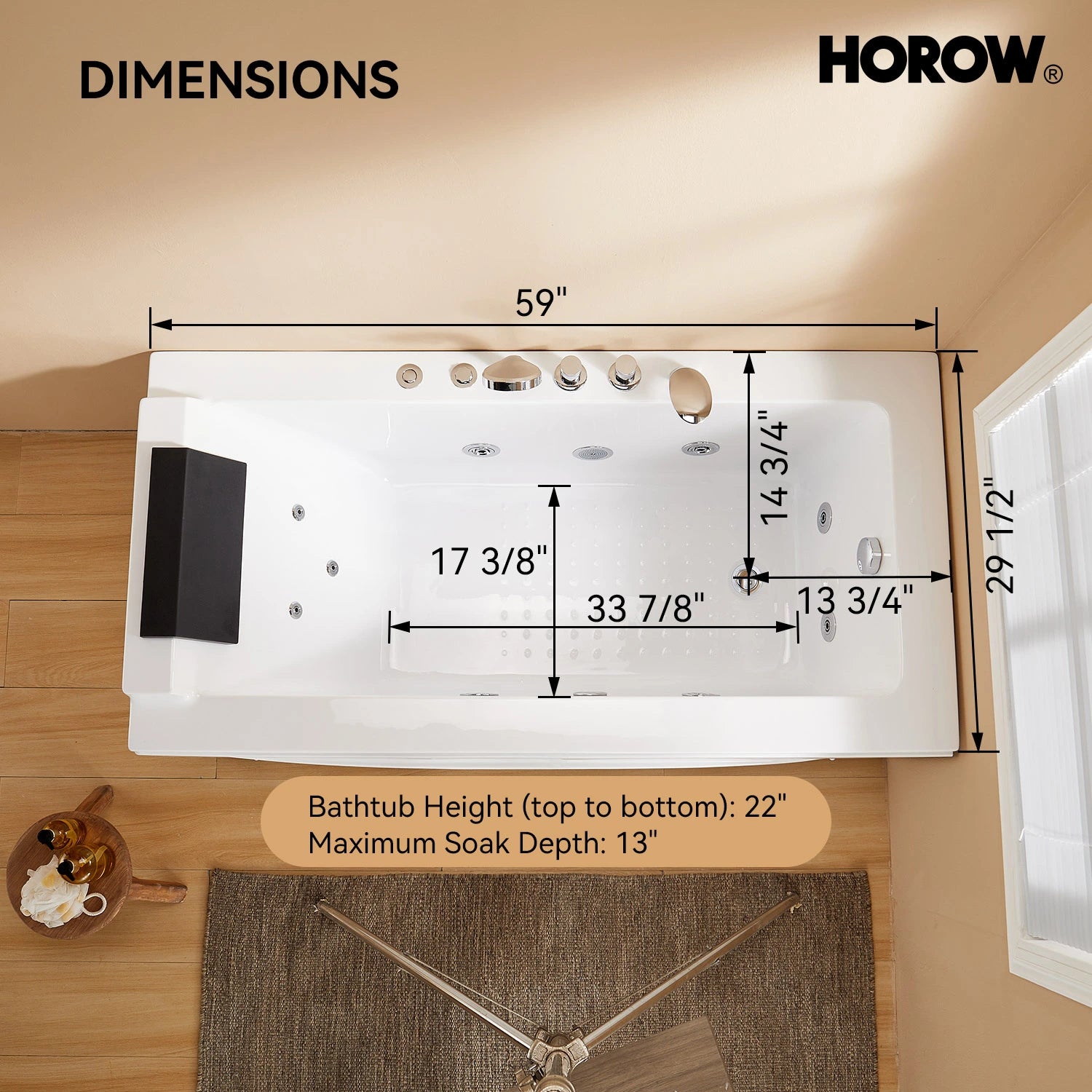 HOROW M59-R 59" Acrylic Massage Bathtub with Right Drain