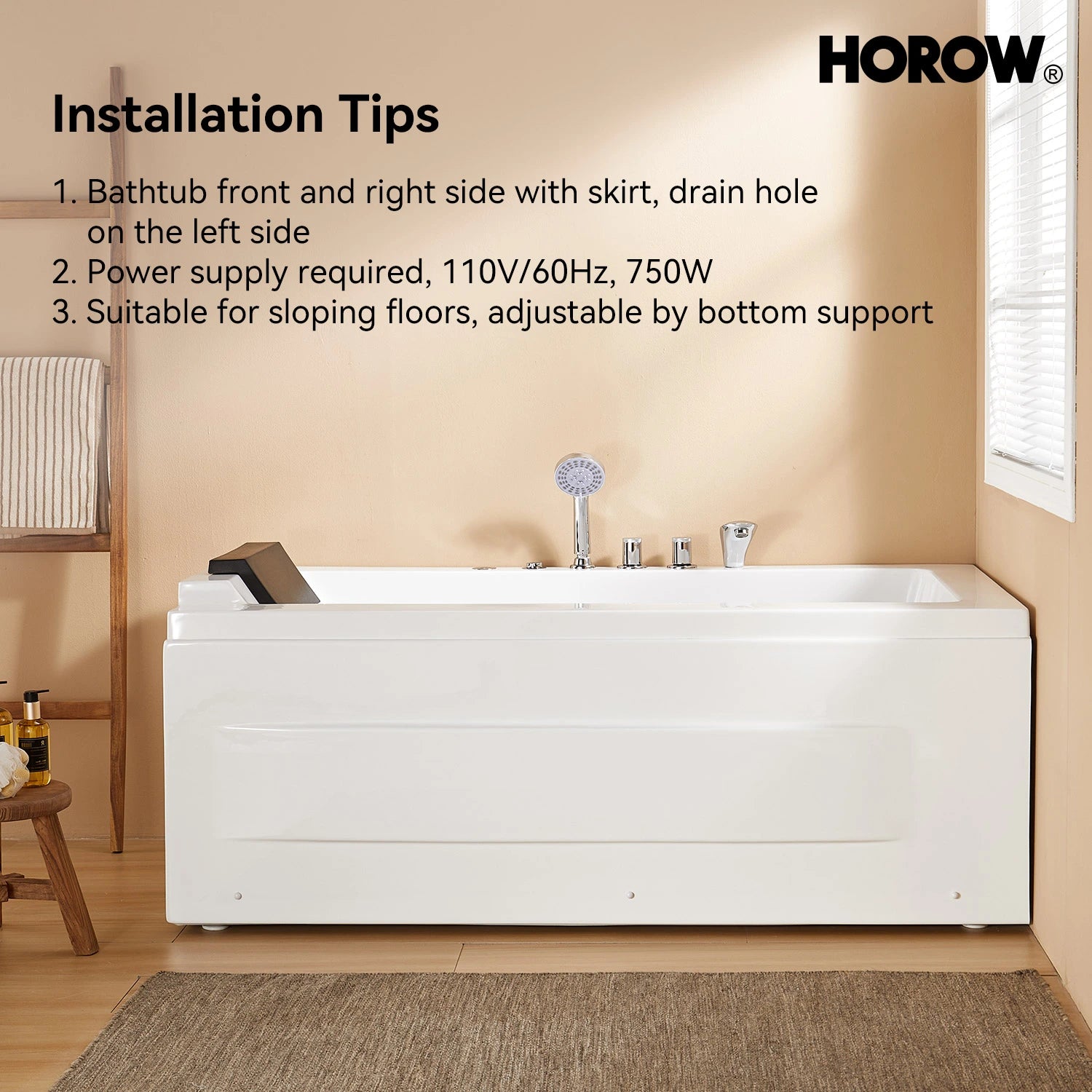 HOROW M59-R 59" Acrylic Massage Bathtub with Right Drain