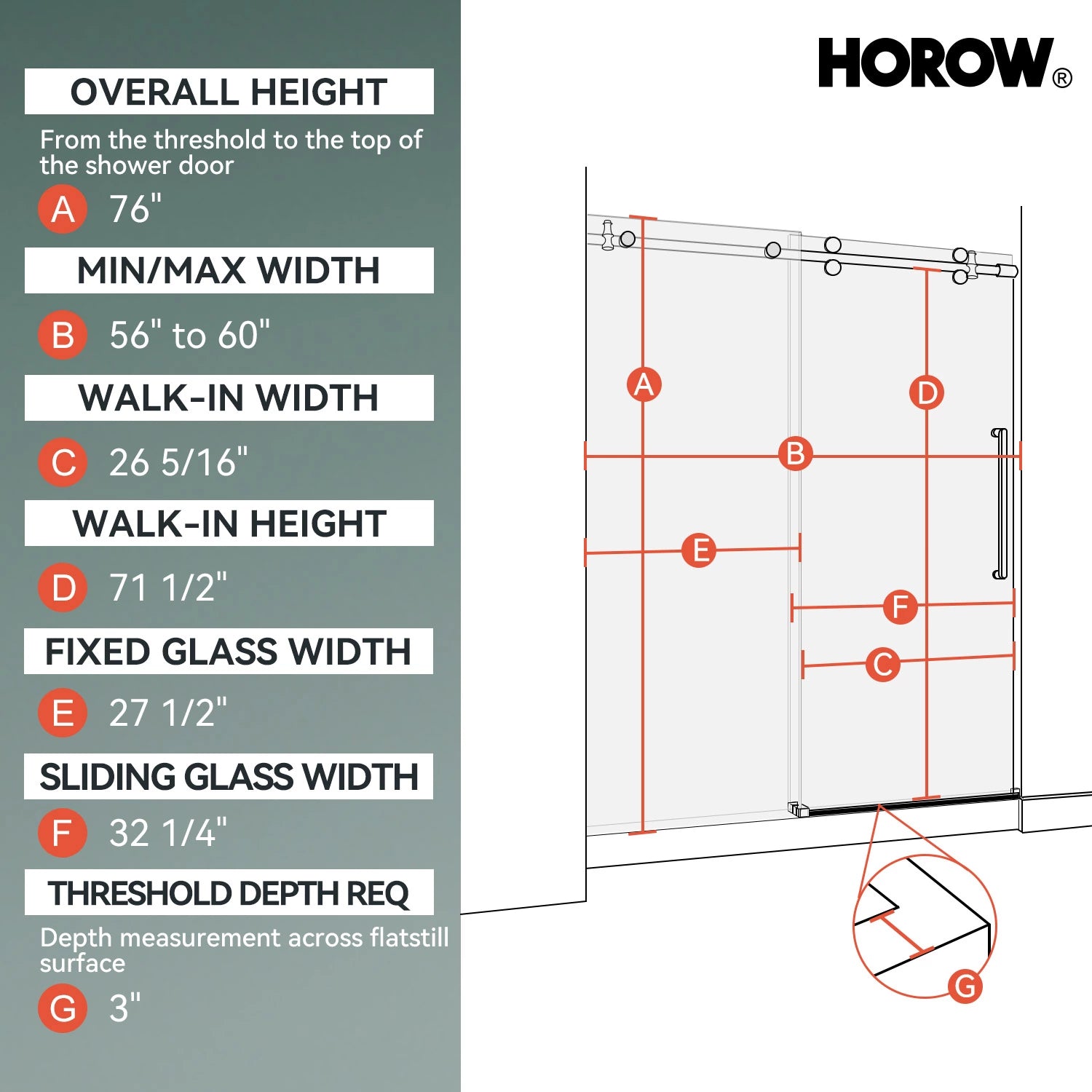 HOROW MI6076-BN 60" Frameless Glass Shower Door in Brushed Nickel