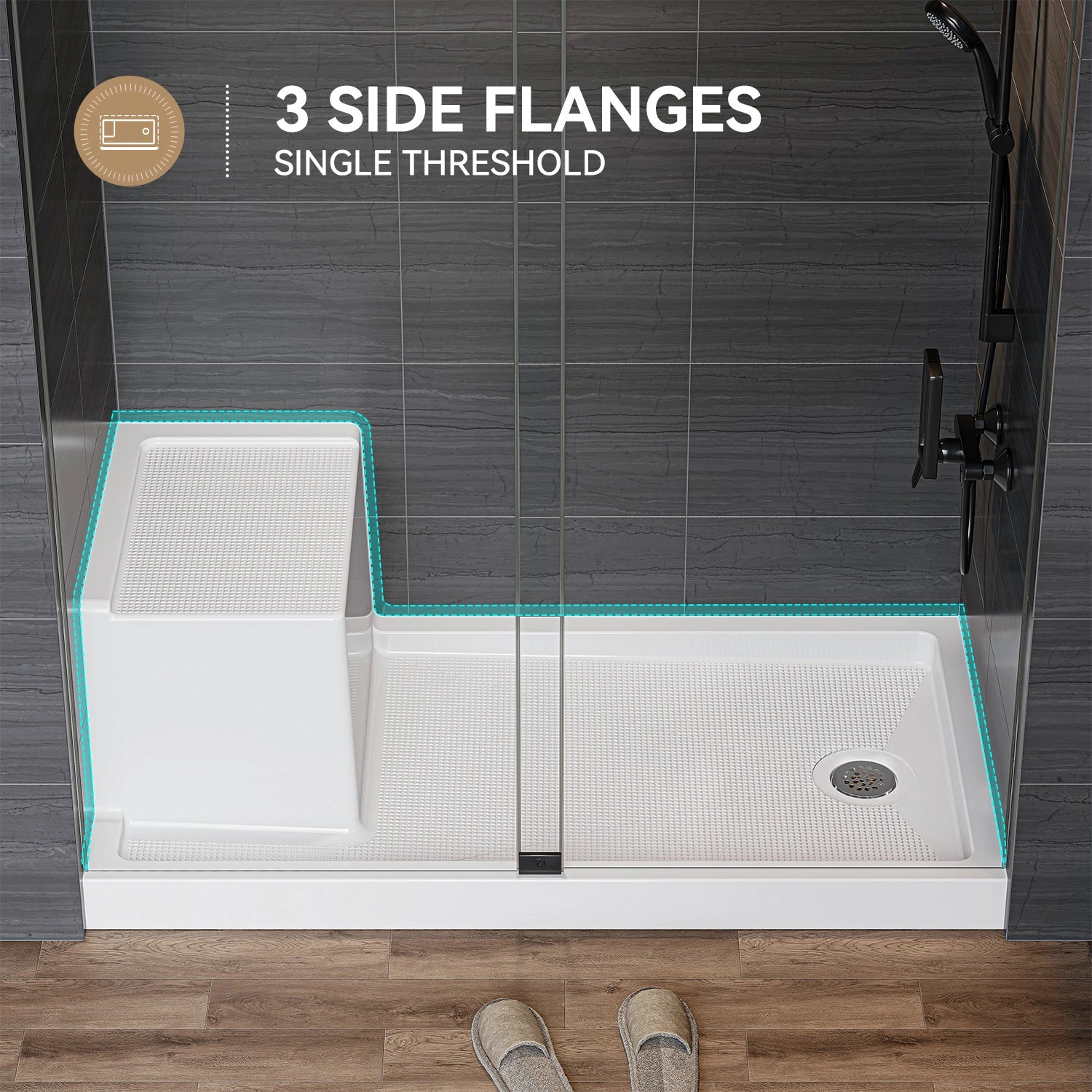 HOROW SS6032-CH-R 60" Shower Pan with ADA Seat Height & Right Drain