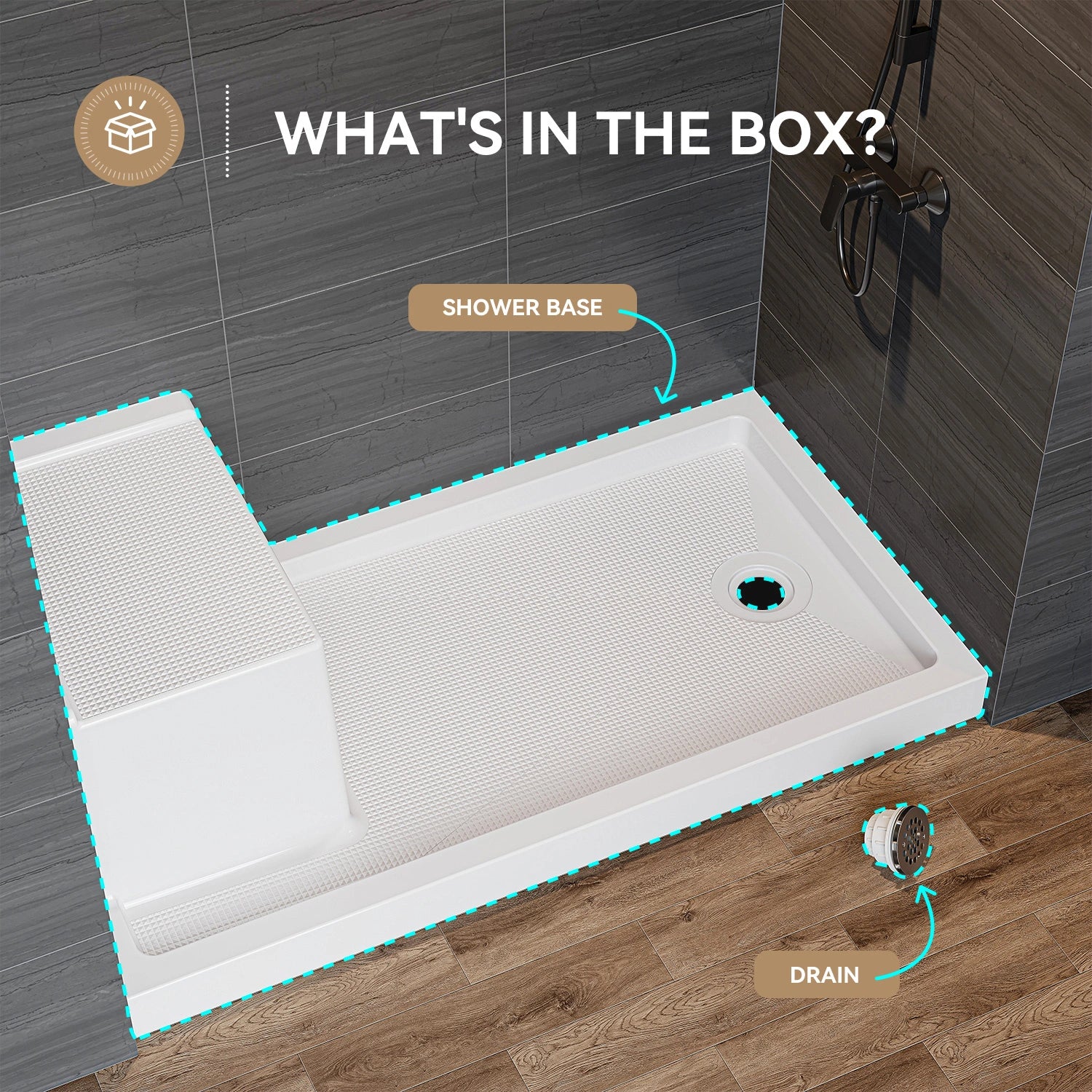 HOROW SS6032-CH-R 60" Shower Pan with ADA Seat Height & Right Drain