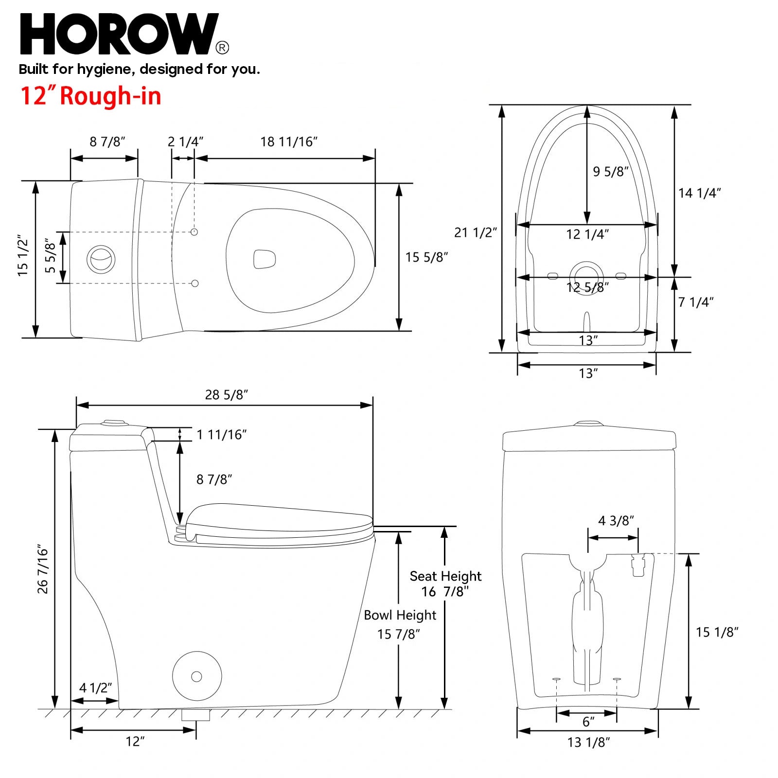 HOROW Compact Elongated Toilet One Piece Dual Flush 1.1 OR 1.6 GPF Toilet Model T0280W