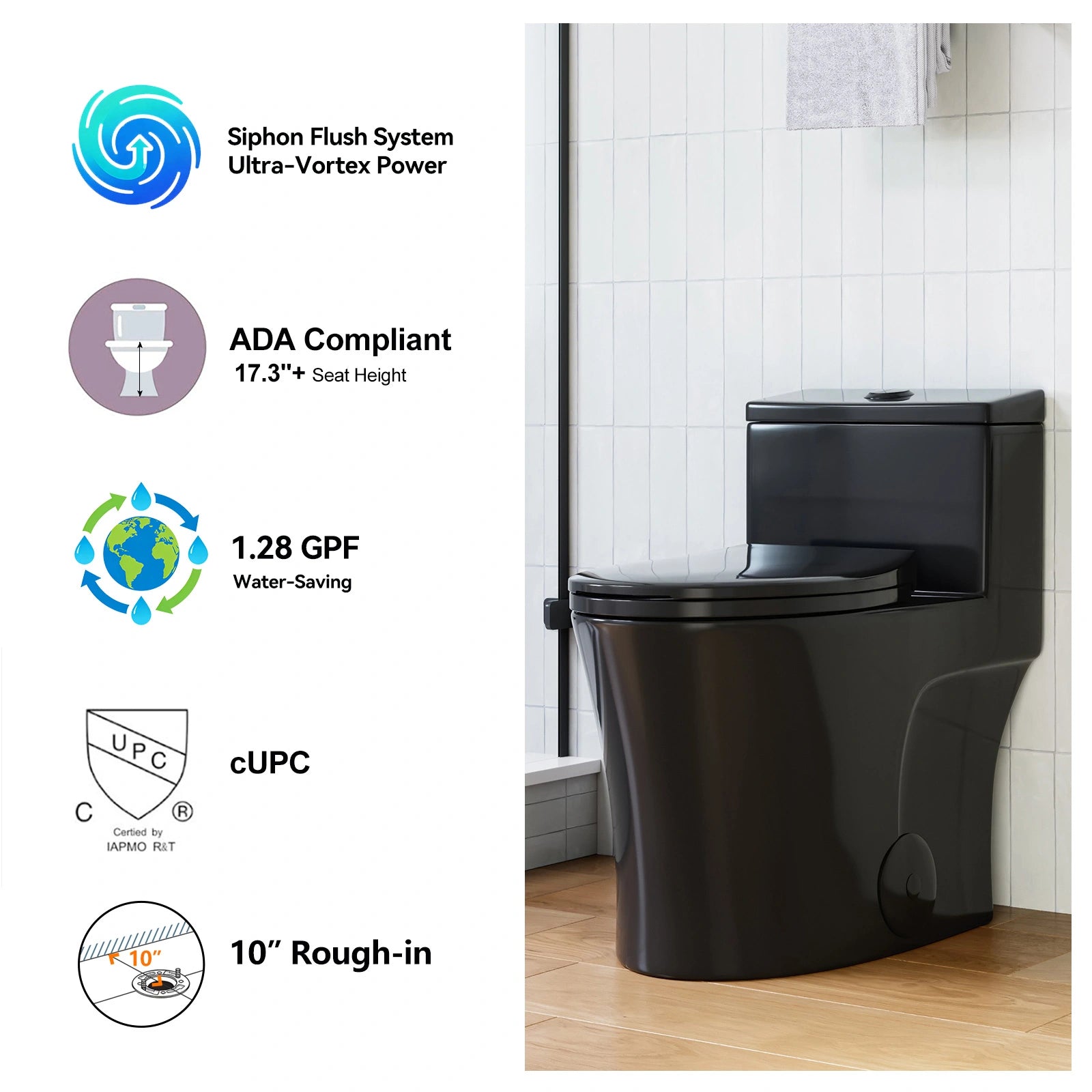 HOROW 10 Inch Rough In Toilet Black One Piece Toilet Model T0338B-10