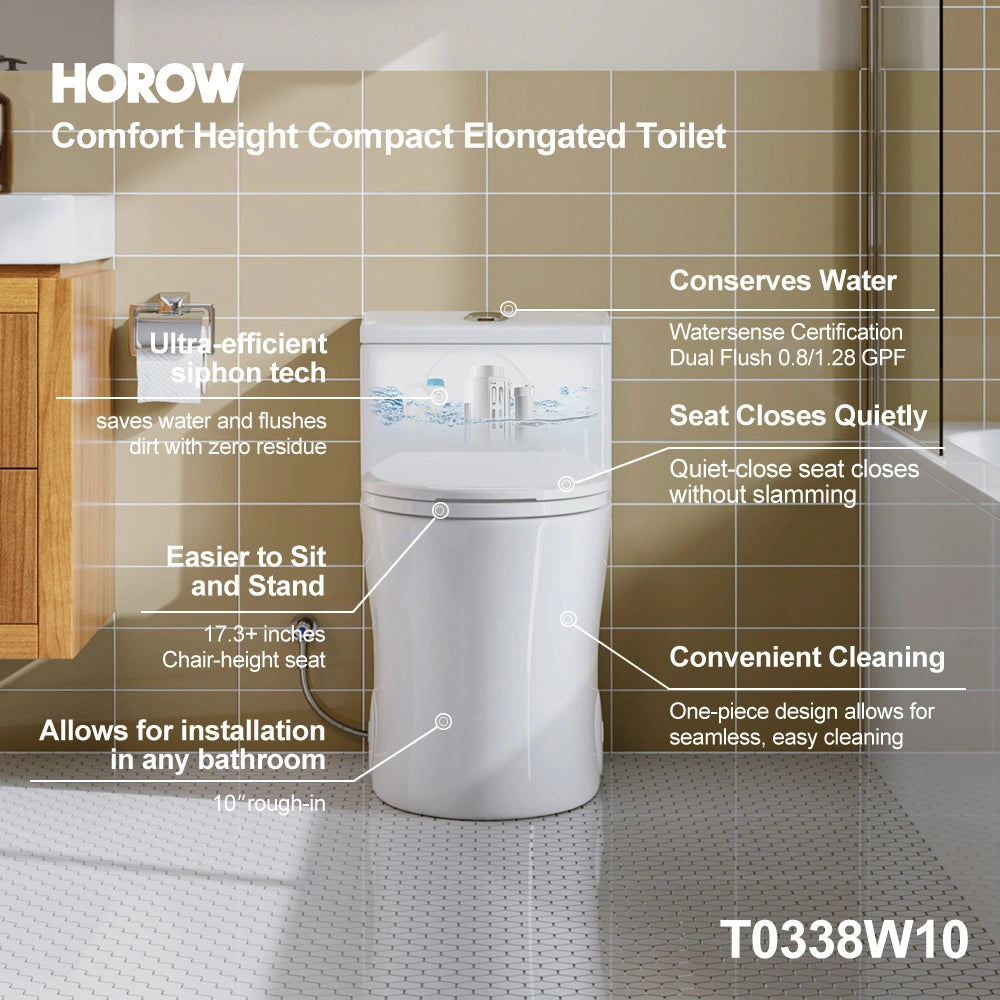 HOROW 10 Inch Rough Toilet Bowl Elongated One Piece Toilet Model T0338W-10