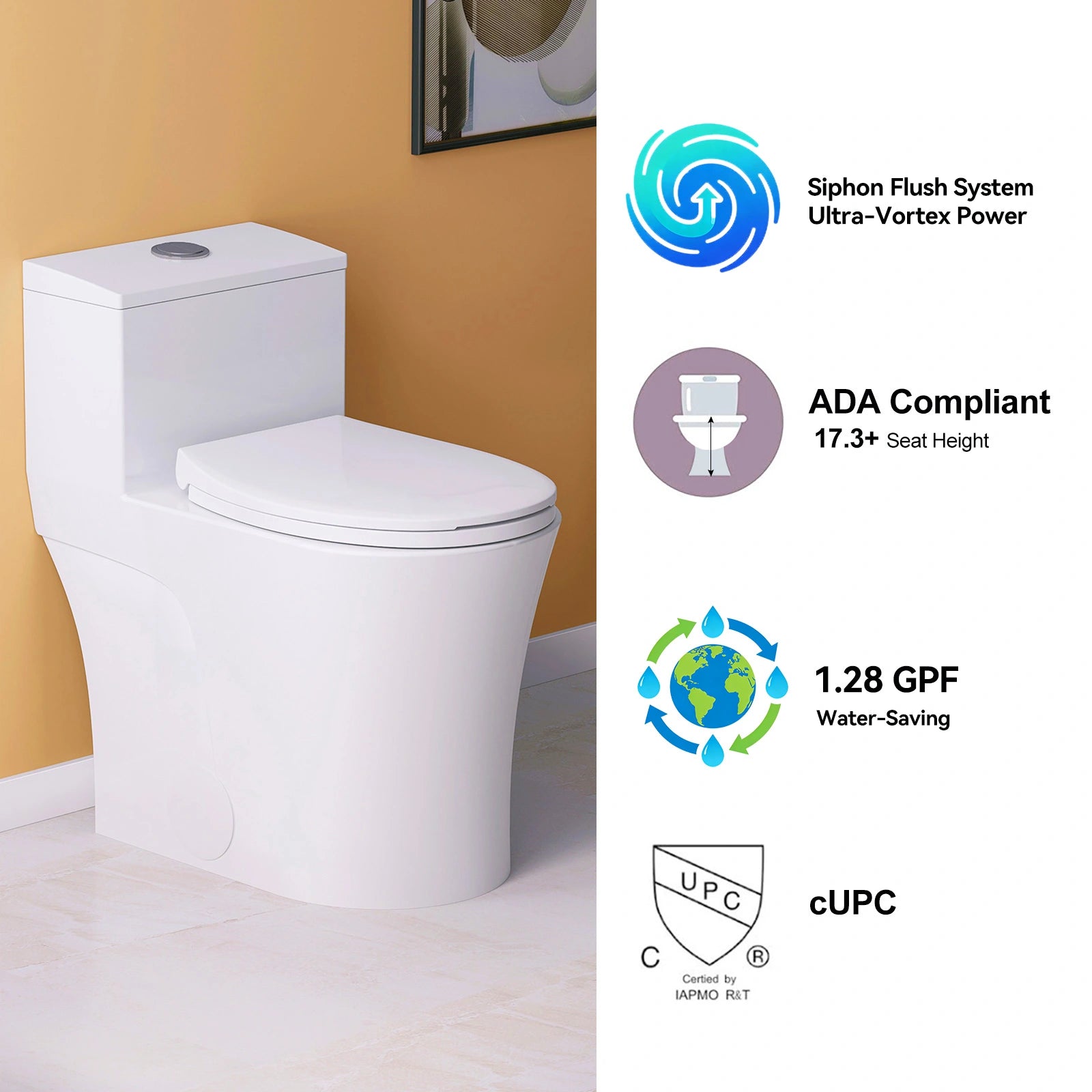 HOROW T0338W Elongated One Piece Toilet ADA Toilet Height 17.3 Inch