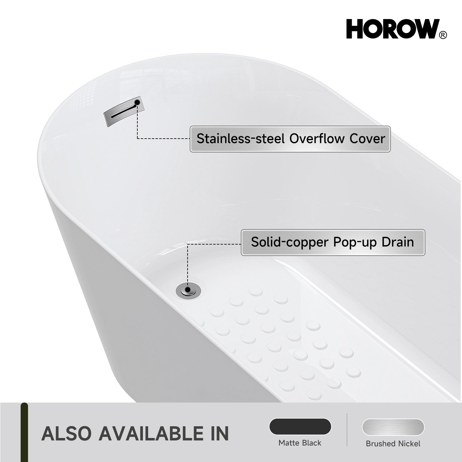 HOROW 59” Brushed Nickel Freestanding Bathtub with Integrated Overflow & Drain