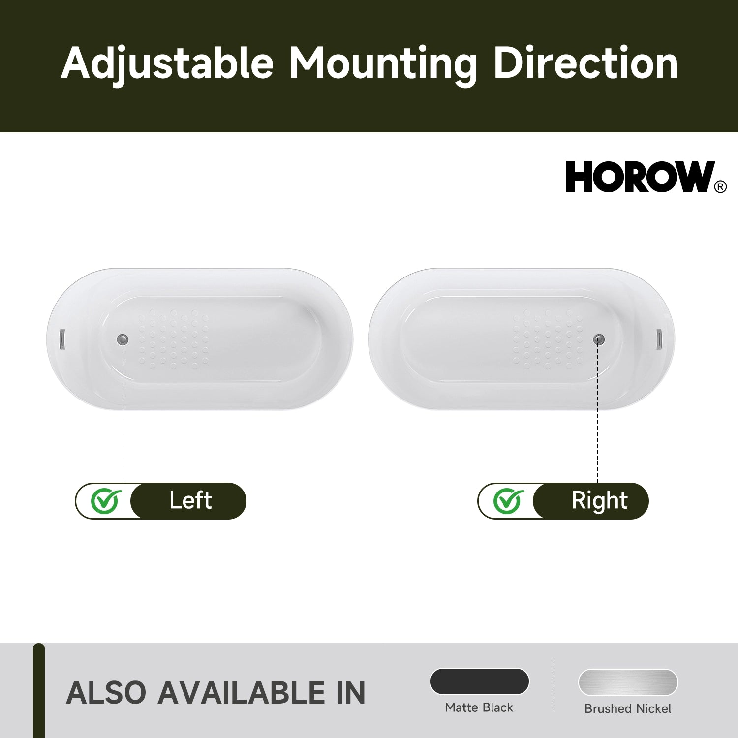 HOROW 59” Brushed Nickel Freestanding Bathtub with Integrated Overflow & Drain