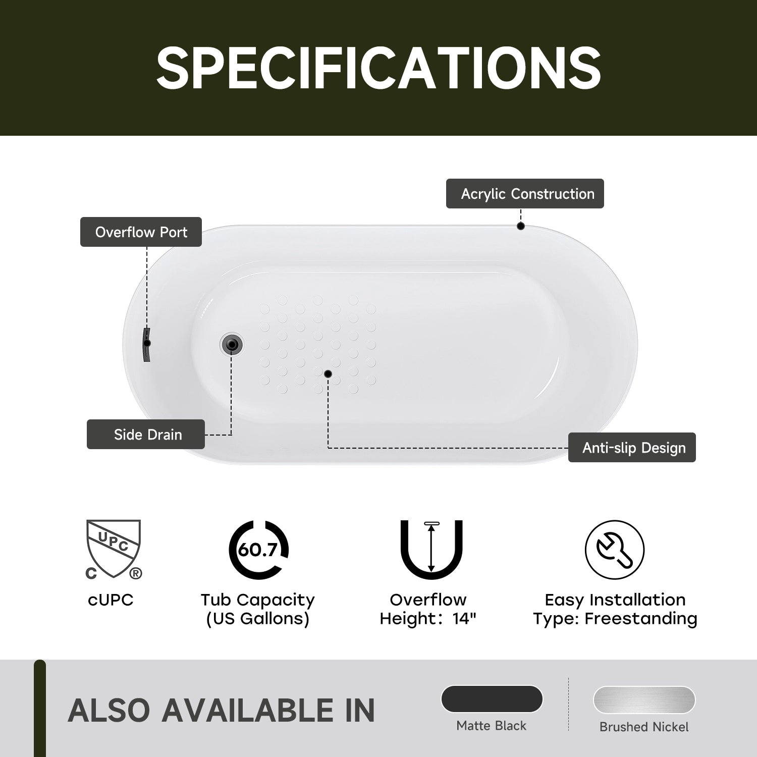 HOROW TU59-MBN-A 59" Matte Black Acrylic Freestanding Bathtub with Side Drain