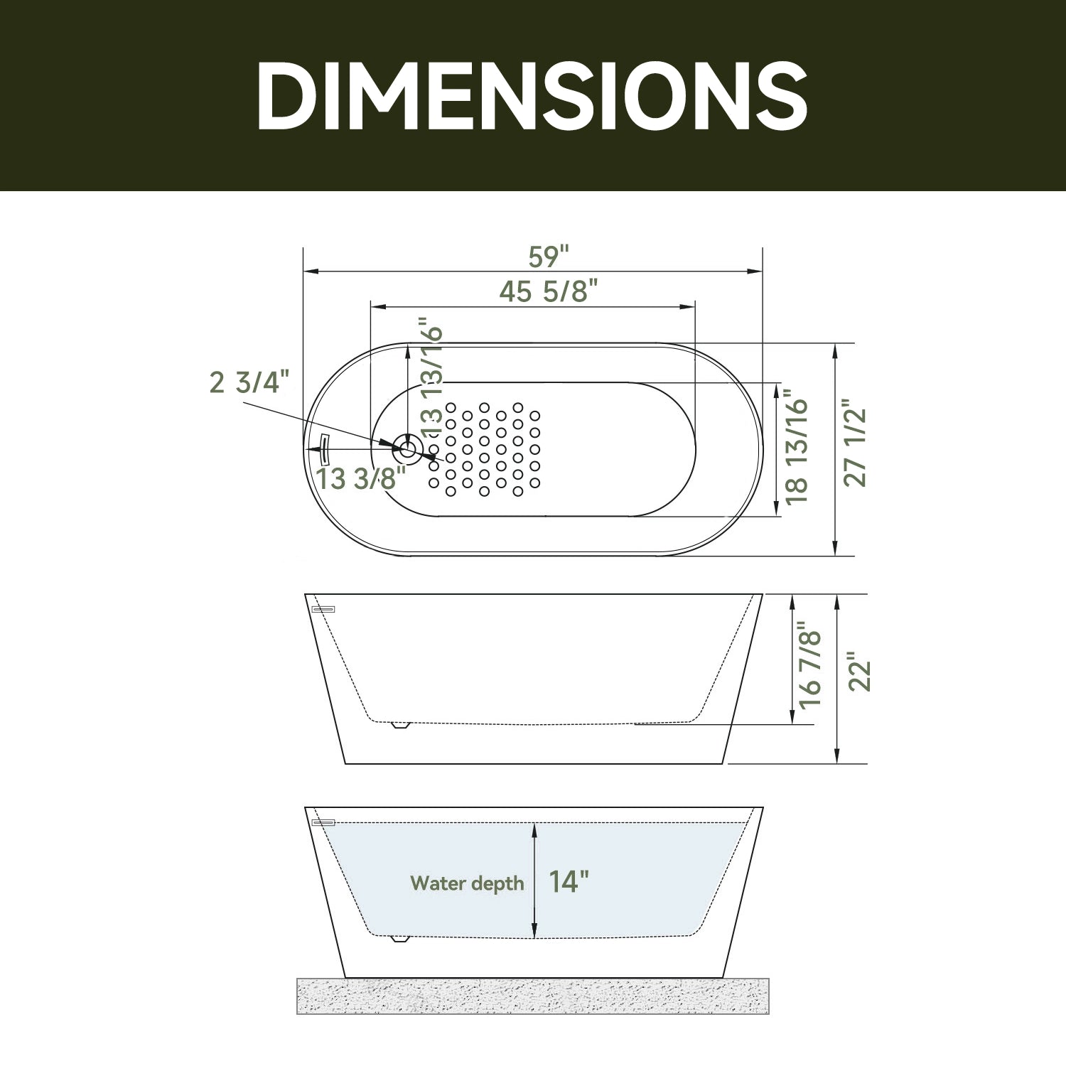 HOROW TU59-MBN-A 59" Matte Black Acrylic Freestanding Bathtub with Side Drain