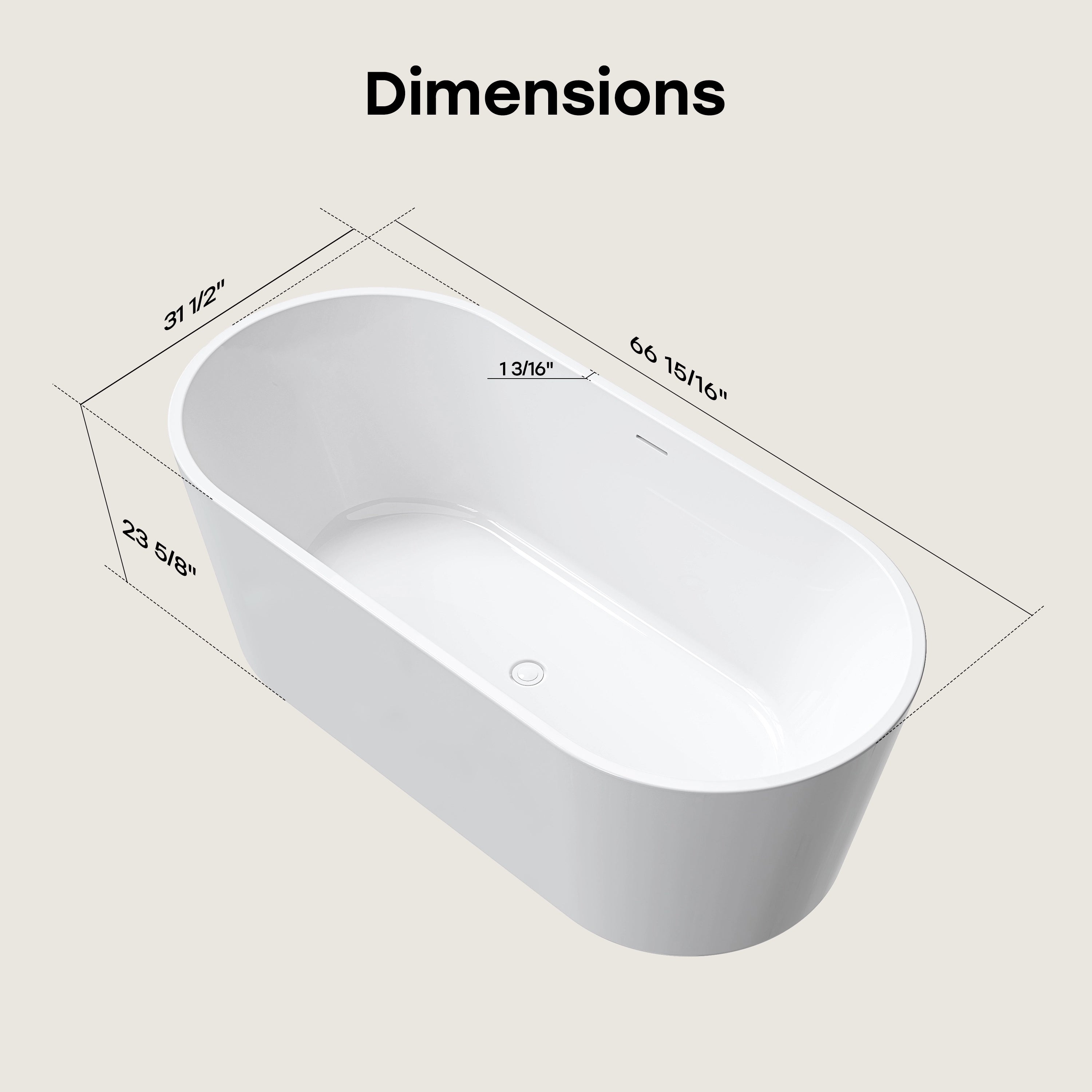HOROW TU67-MW-OF 67" Acrylic Deep Soaking Bathtub with Premium Thickened Sealant