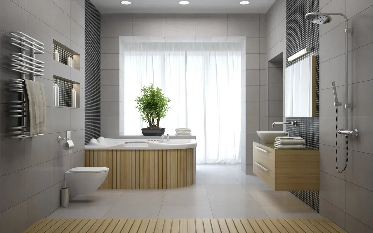 Spacious bathroom with bathtub, floating sink, and wall-mounted toilet, designed for comfort, style, and easy cleaning.