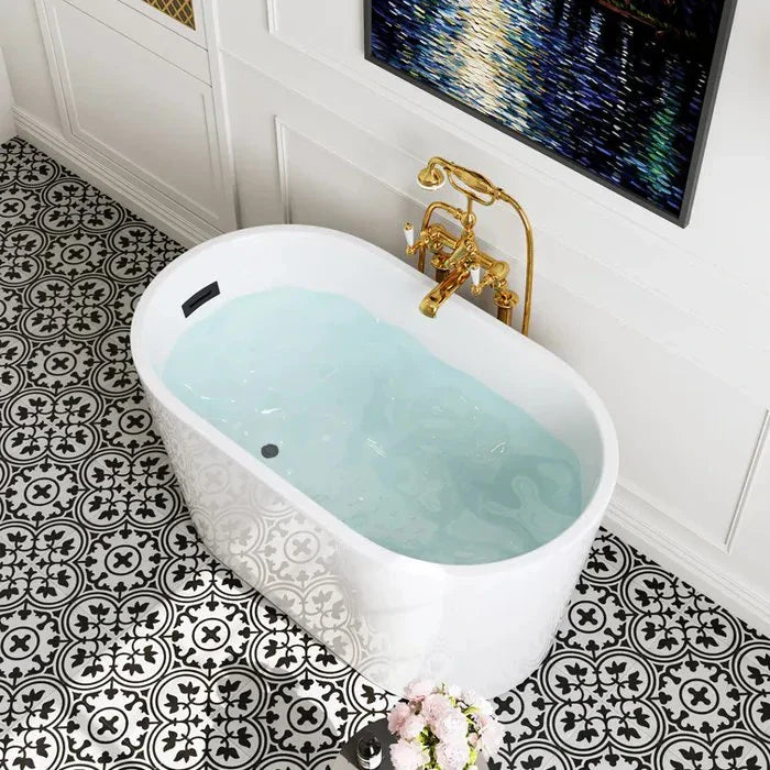 59-inch acrylic freestanding bathtub in a modern bathroom, ideal for stylish soaking and space-efficient design.