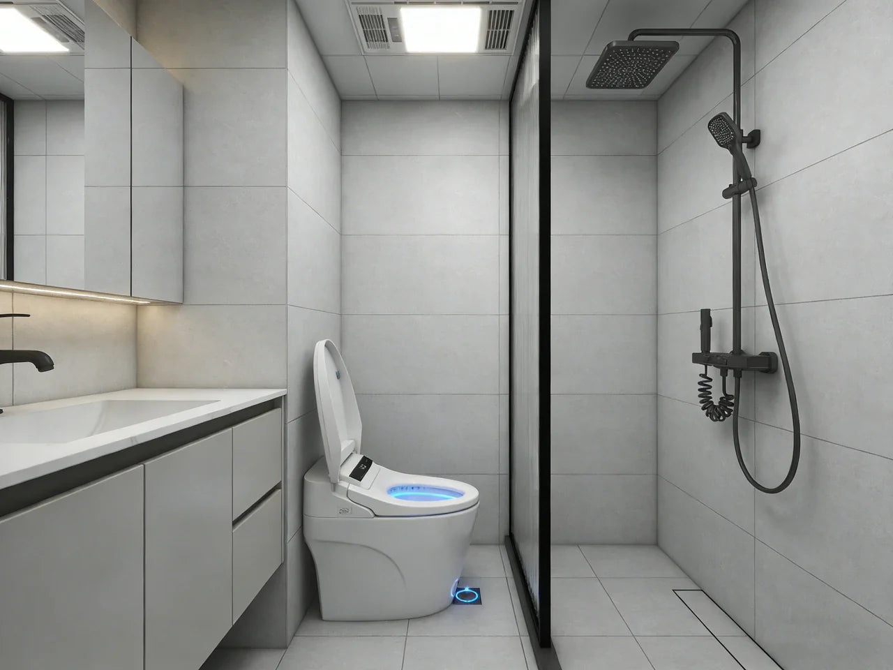 Modern smart toilet in a compact apartment bathroom, designed for low water pressure to deliver efficient flushing and bidet functionality.