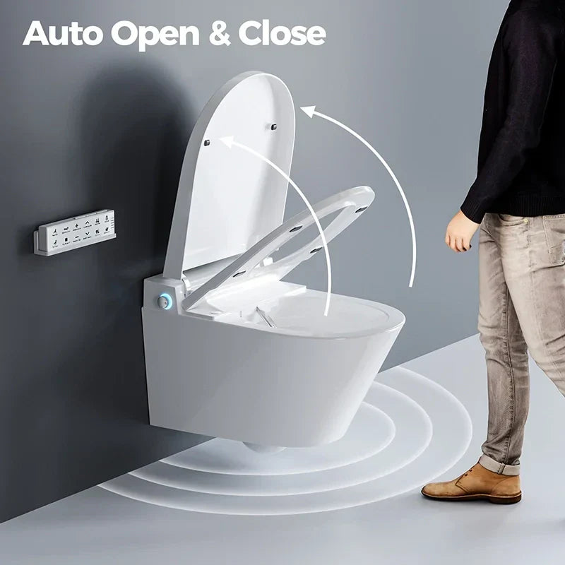 White wall-mounted smart toilet with auto open & close lid, activated by proximity sensor, paired with a control panel for a hygienic, modern bathroom upgrade.